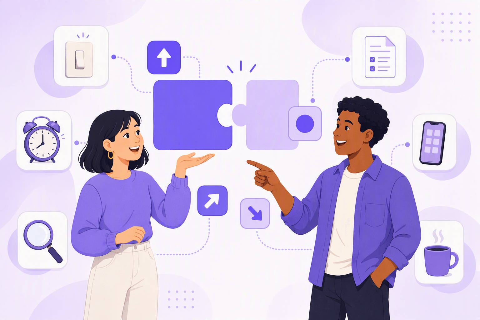 Two people talking as a verb block and a small particle chip click together into one meaning, surrounded by everyday icons for common phrasal verb situations
