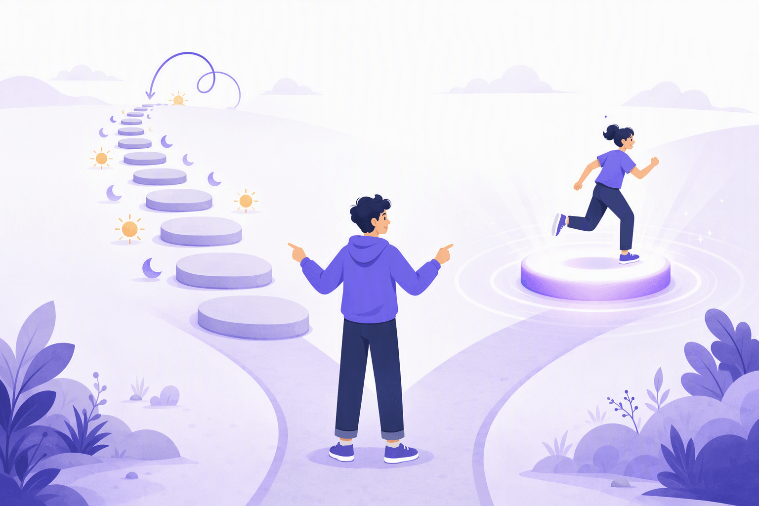 A person standing at a fork in a path, one hand pointing down a branch built from endlessly repeating identical stepping stones under alternating suns and moons, the other pointing at a single glowing platform where a runner is caught mid-stride