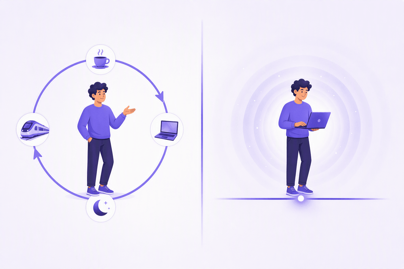 Split illustration of the two English present tenses: on the left a person stands inside a repeating loop of daily routine icons - a coffee cup, a commuter train, a laptop and a crescent moon - and on the right the same person is caught mid-action at a laptop, glowing on a single point of a timeline