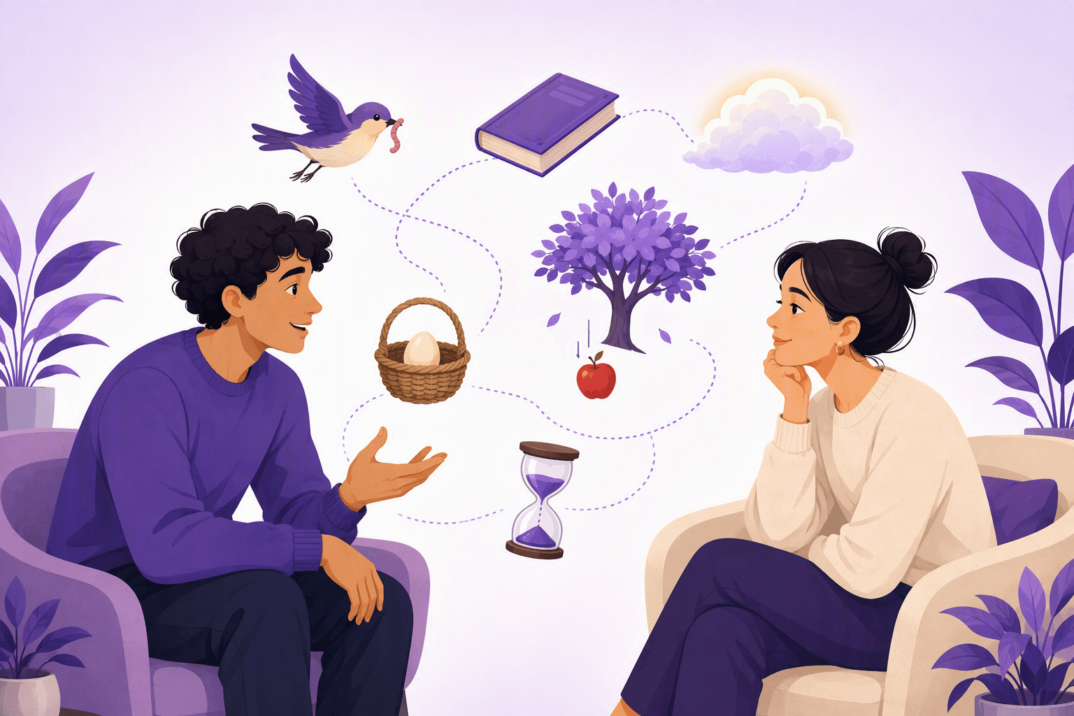 Two people in conversation with proverb images floating between them: a bird and a worm, a closed book, a cloud with a bright rim, an apple falling from a tree, an egg in a basket, and an hourglass