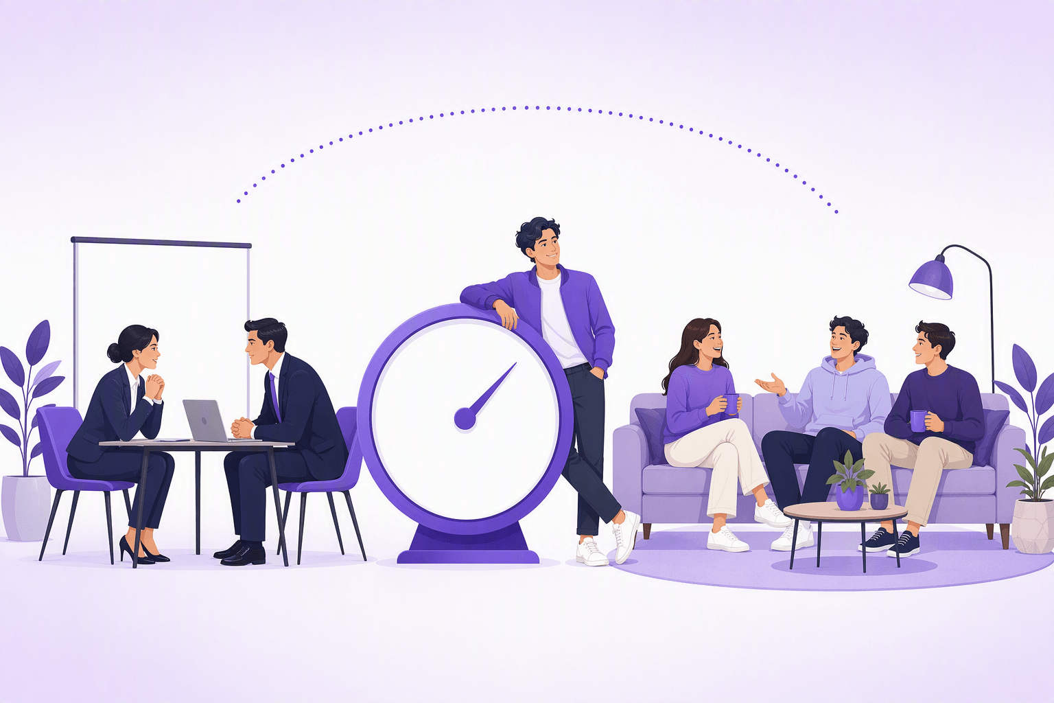 A large dial between two scenes: on the left a formal meeting at a table with a laptop and a blank board, on the right friends laughing over coffee on a sofa, linked by a dotted arc