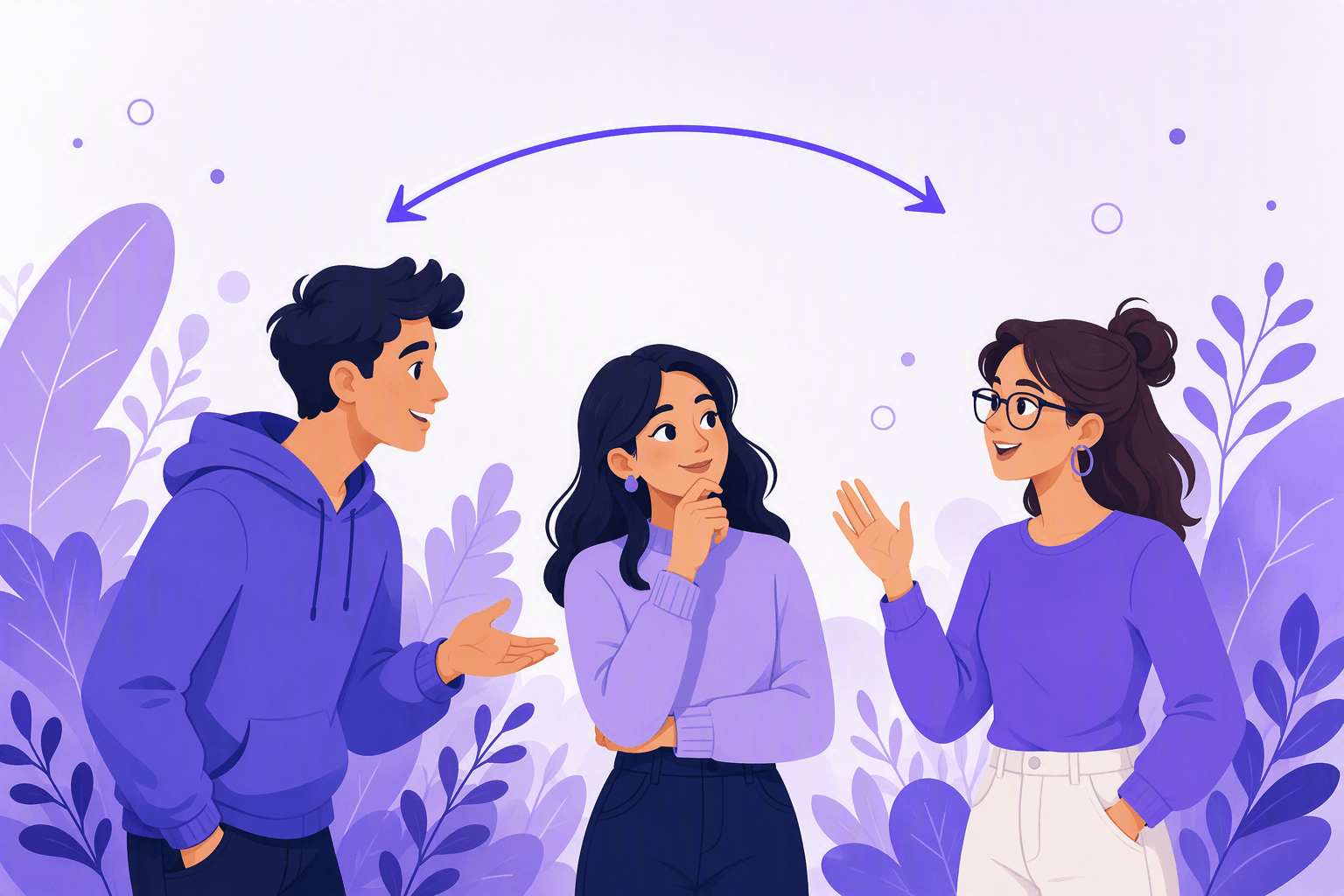Three friends in relaxed conversation, one gesturing, one listening thoughtfully and one answering with an open hand, under a double-headed arrow illustrating the back-and-forth of asking and answering questions in English