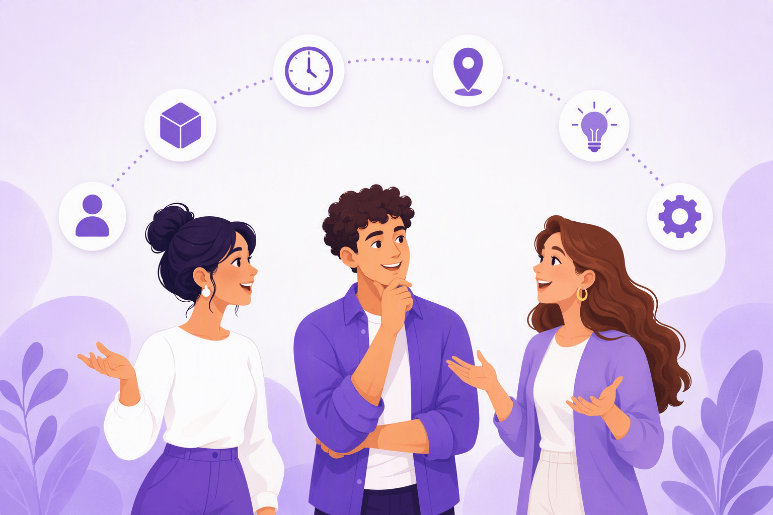 Three people in conversation, gesturing and listening, beneath an arc of icons showing a person, an object, a clock, a map pin, a lightbulb and a gear