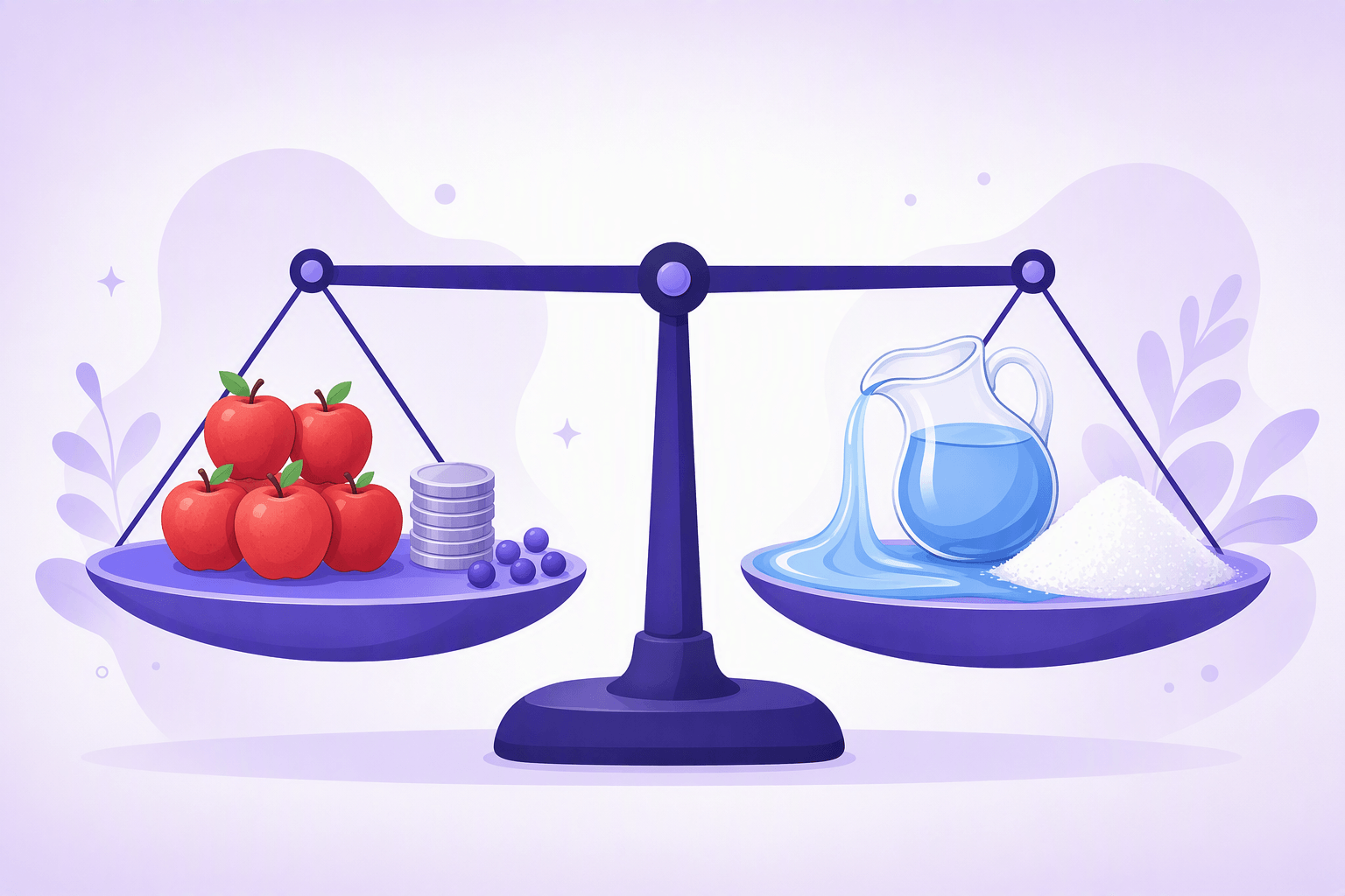 A balance scale with separate countable apples, coins and berries on one pan, and a pitcher of water with a pile of sugar on the other pan
