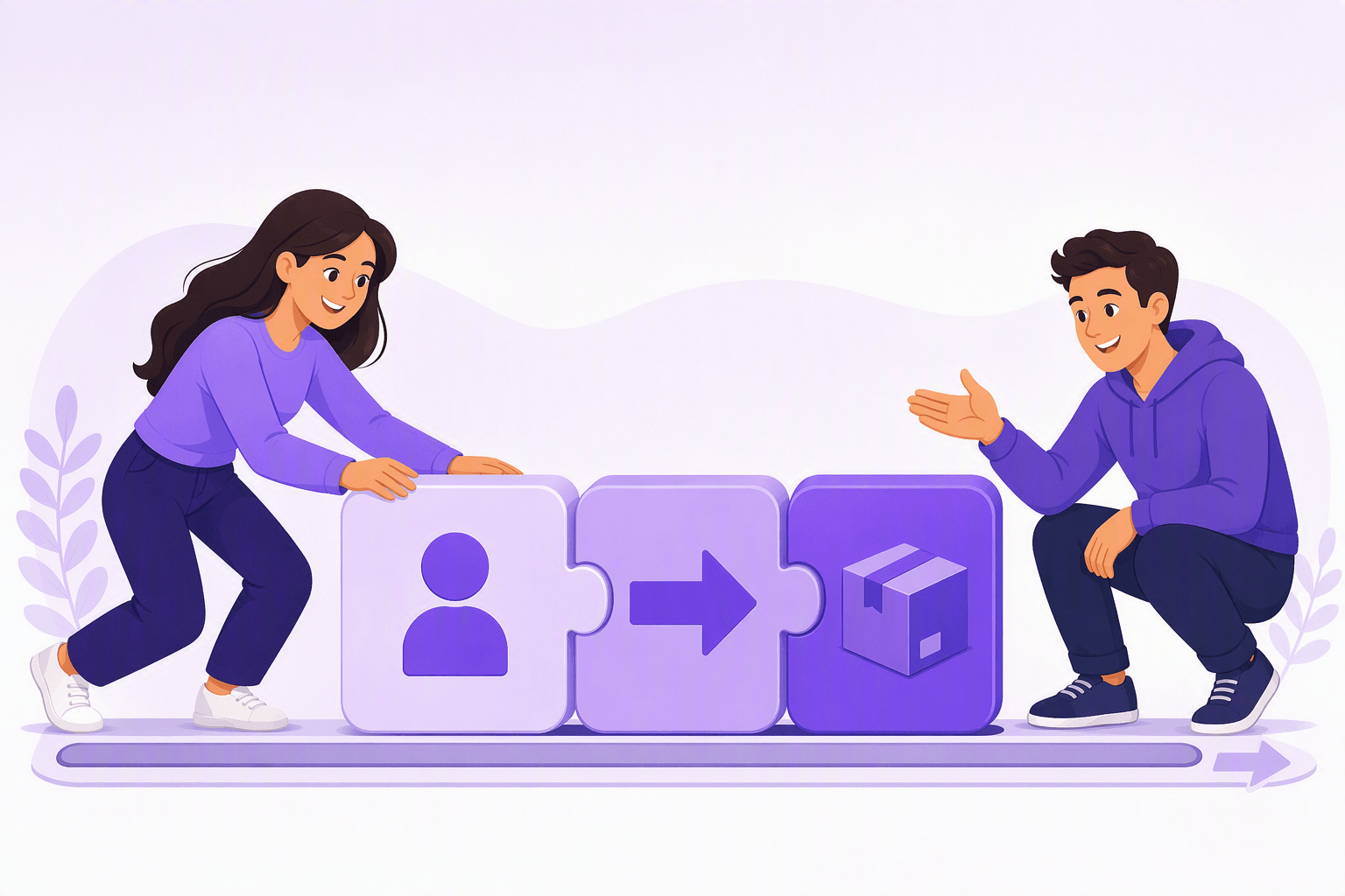 Three interlocking blocks in a row showing a person, an action arrow and a parcel, assembled on a guide rail by two people, a visual metaphor for the subject, verb and object order of an English sentence