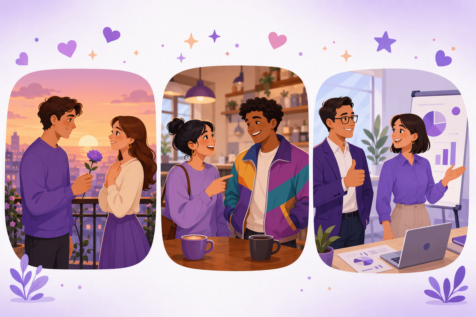 Three compliment situations side by side: a couple on a balcony at sunset, two friends admiring a jacket in a cafe, and two colleagues praising a presentation at the office