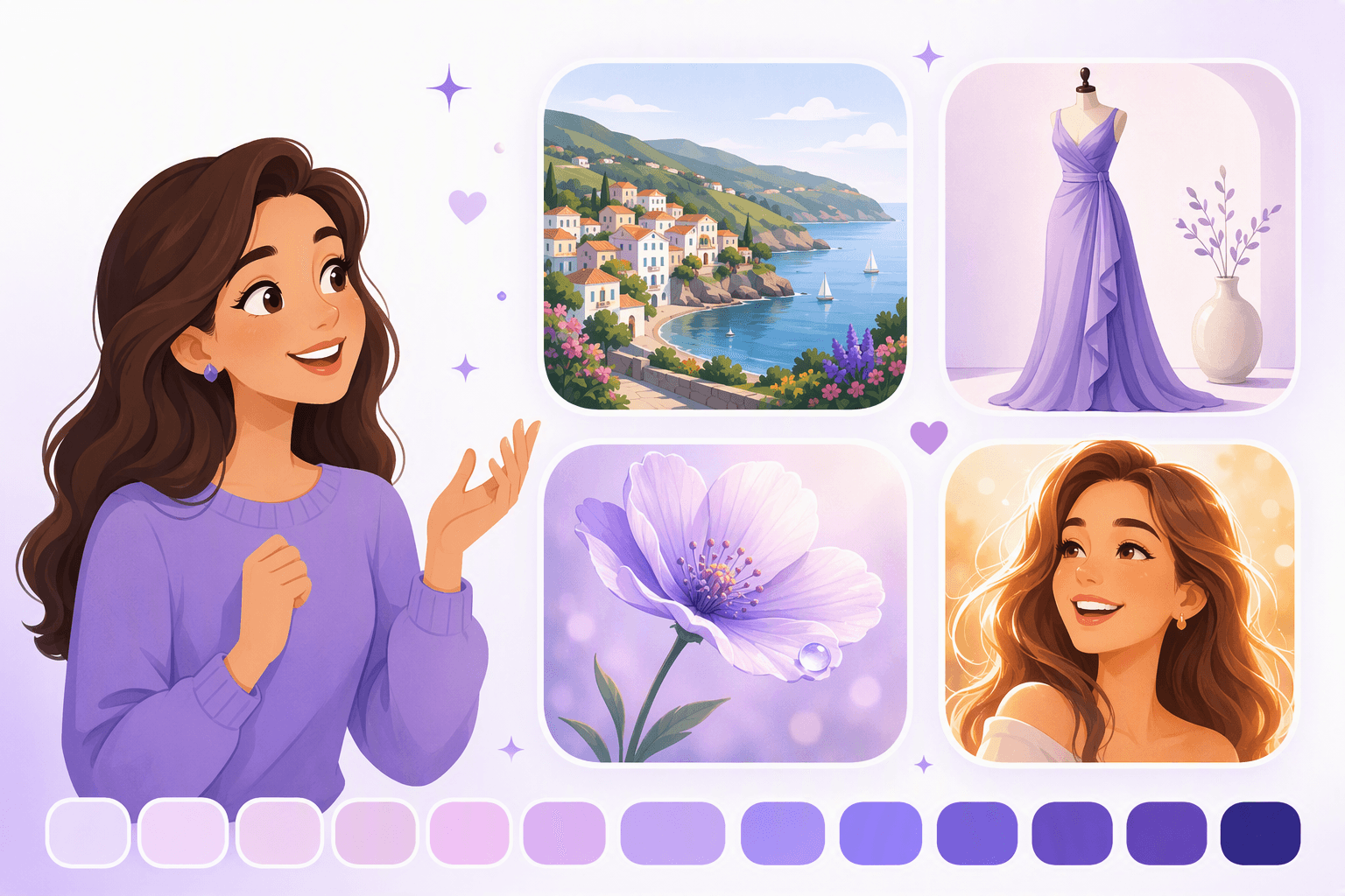 Four kinds of beauty side by side: a picturesque coastal village, an elegant dress, a delicate flower and a radiant smile, with a spectrum of color swatches below