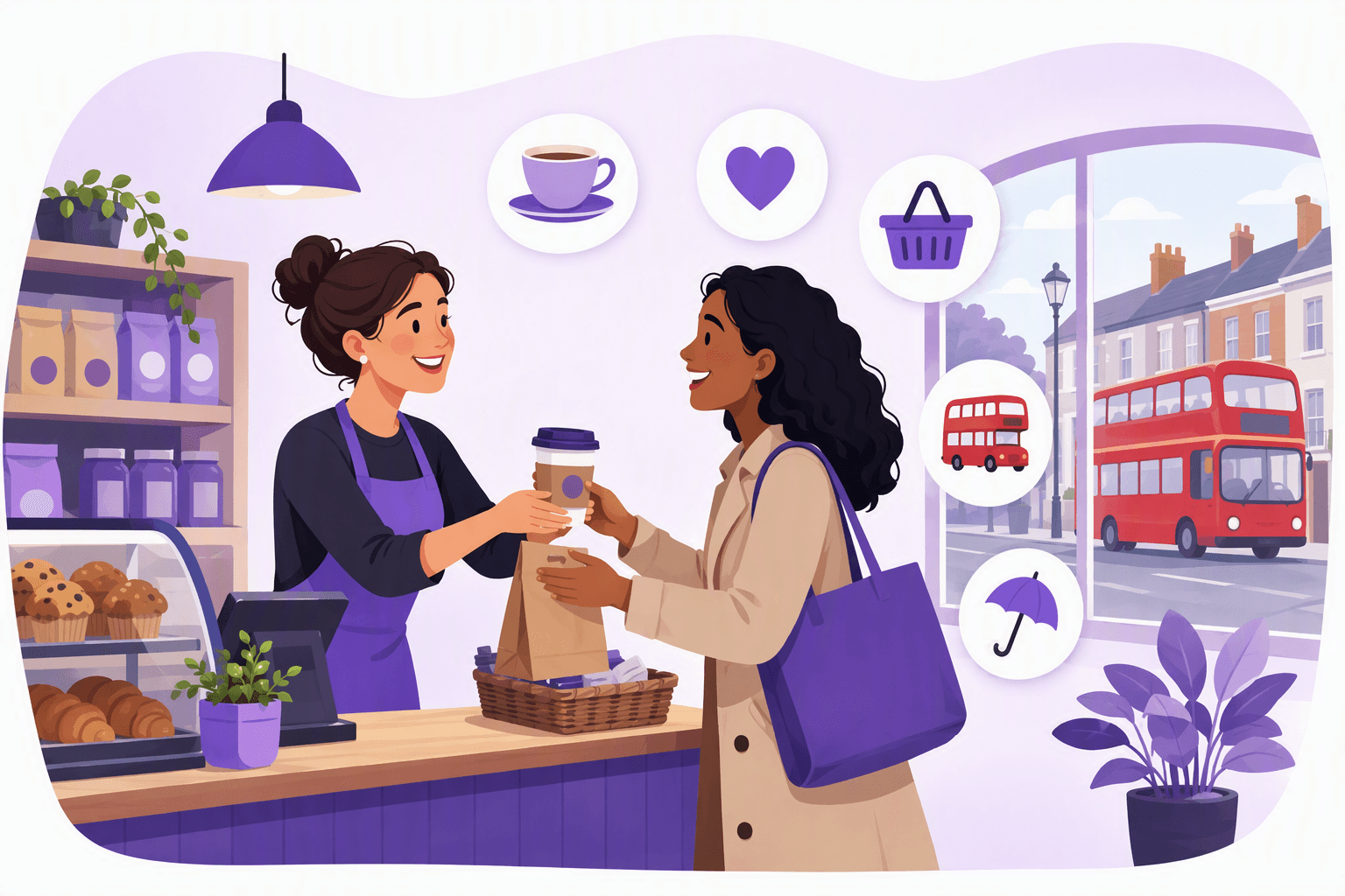A friendly shop assistant behind a small British cafe counter handing a paper cup and a bag to a smiling customer she has never met, a red double-decker bus visible through the window