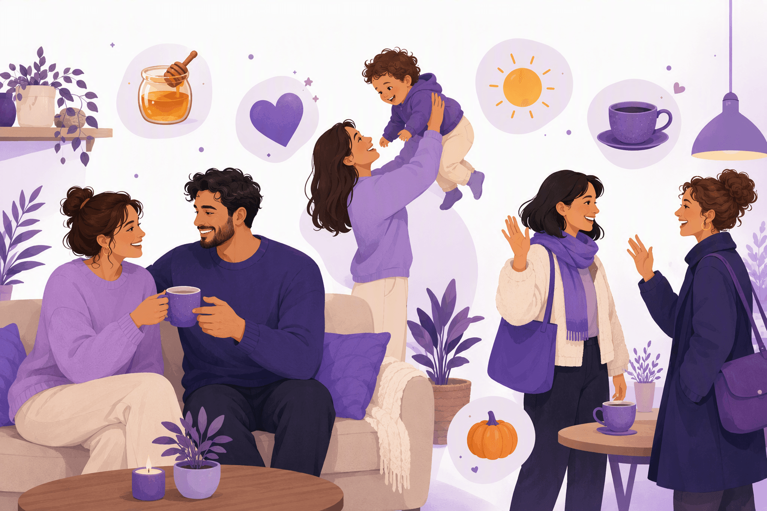 A couple sharing a mug on a sofa, a parent lifting a laughing toddler, and two friends greeting each other warmly, surrounded by floating icons of a honey jar, a heart, the sun, a teacup and a pumpkin