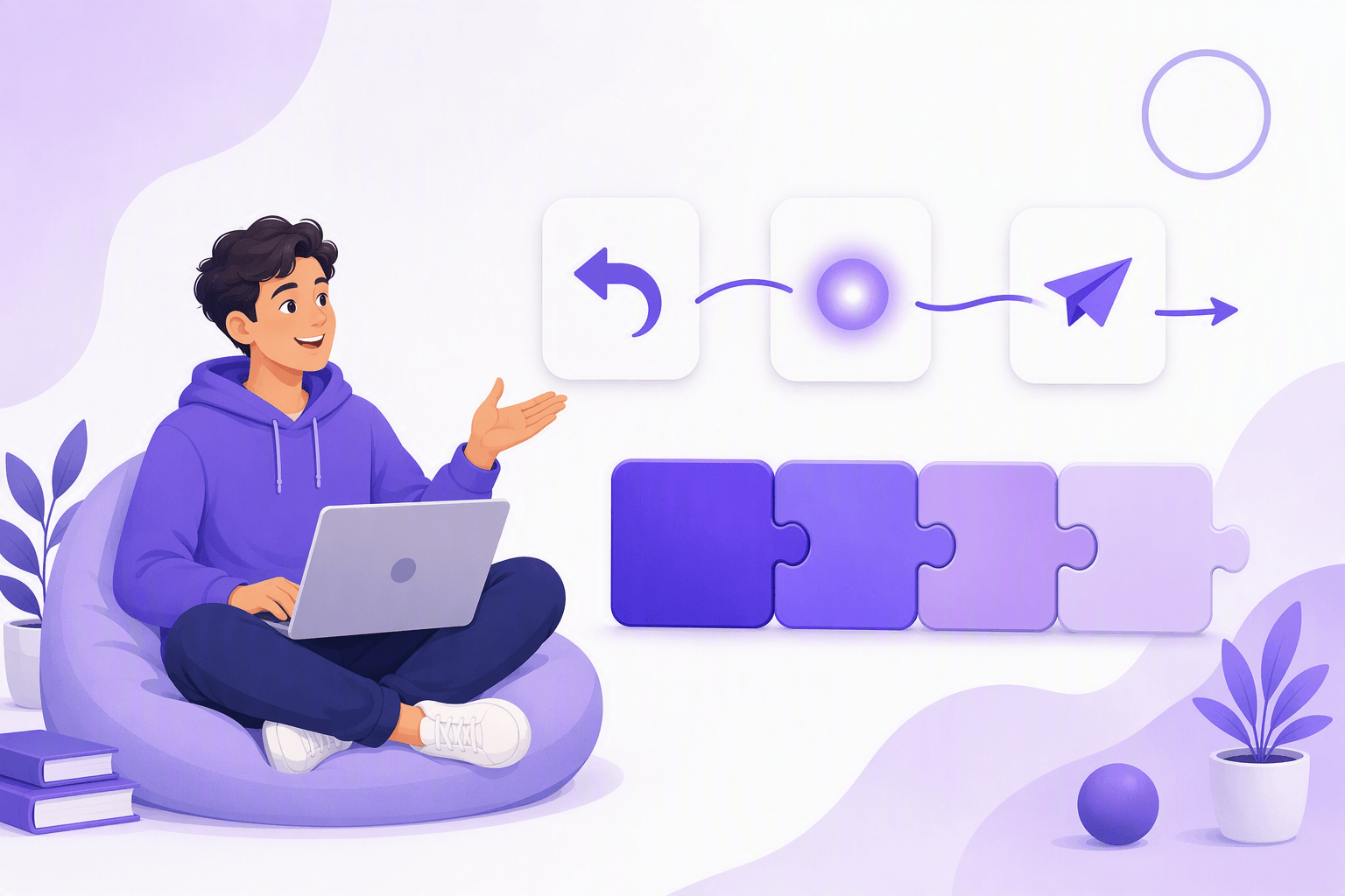 Smiling learner with a laptop beside three linked cards showing a backward arrow, a glowing dot and a forward paper plane, next to four puzzle blocks snapping into a chain, illustrating how English verb forms combine into tenses
