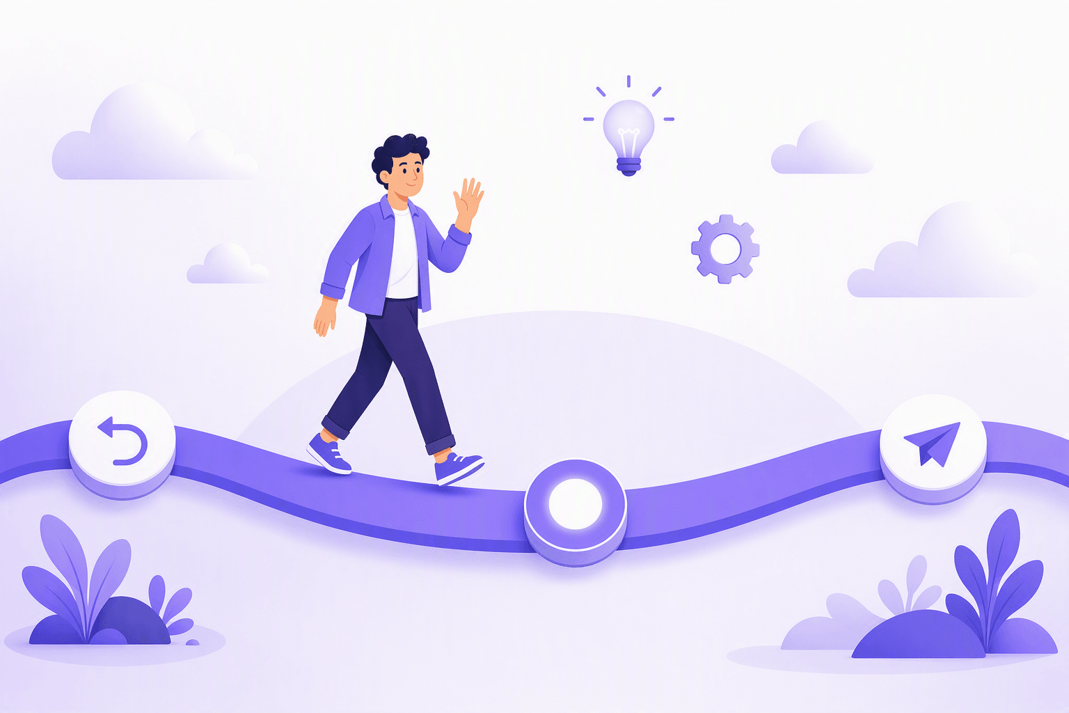 Person walking confidently along a curved ribbon path past three round markers holding a backward arrow, a glowing circle and a forward paper plane, with a lightbulb and a gear floating above, a wordless timeline metaphor for choosing between past, present and future forms