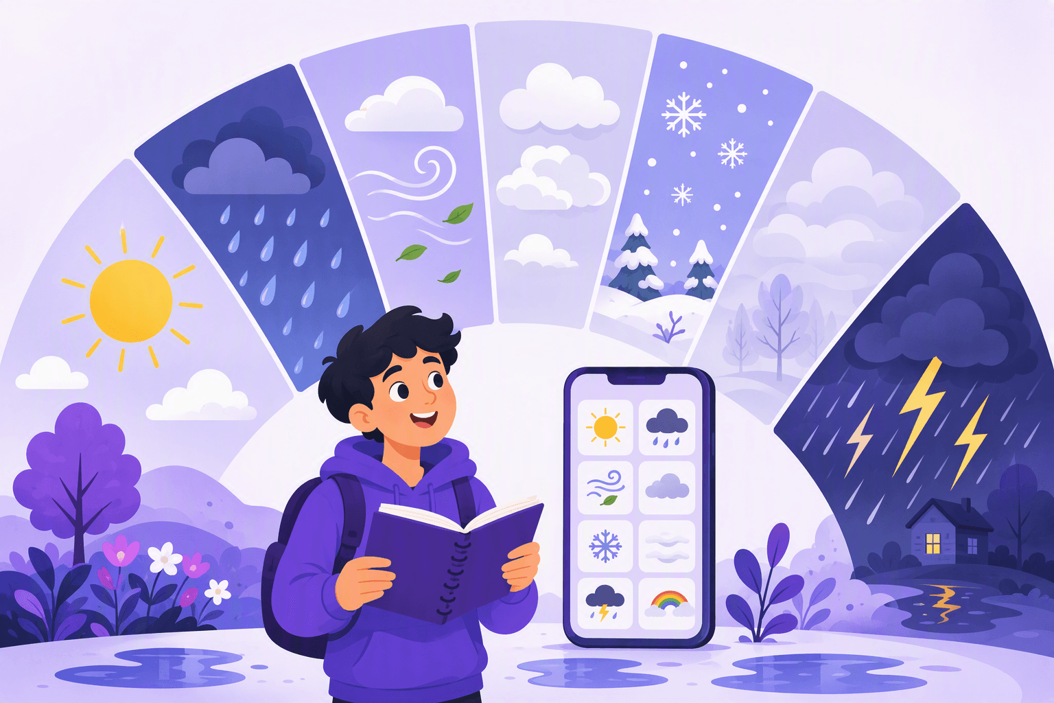 Flat-vector illustration of a learner with an open notebook and phone surrounded by pictorial weather conditions including sunshine, rain, wind, clouds, snow, fog, lightning, puddles, and a rainbow.