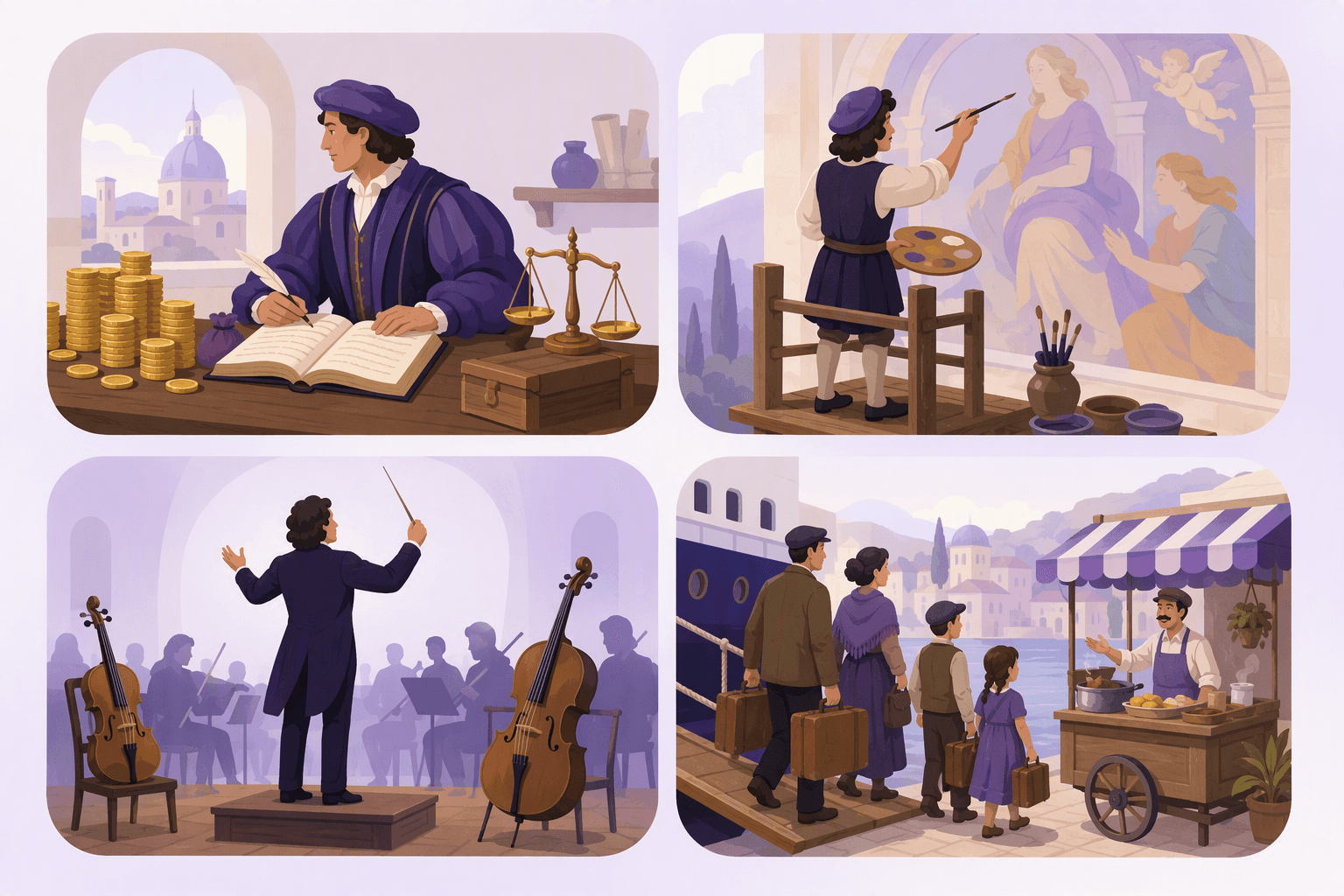 Four routes Italian vocabulary took into English: a Renaissance banker with coins and scales, a fresco painter at work, an orchestra conductor, and an immigrant family arriving beside a street food cart