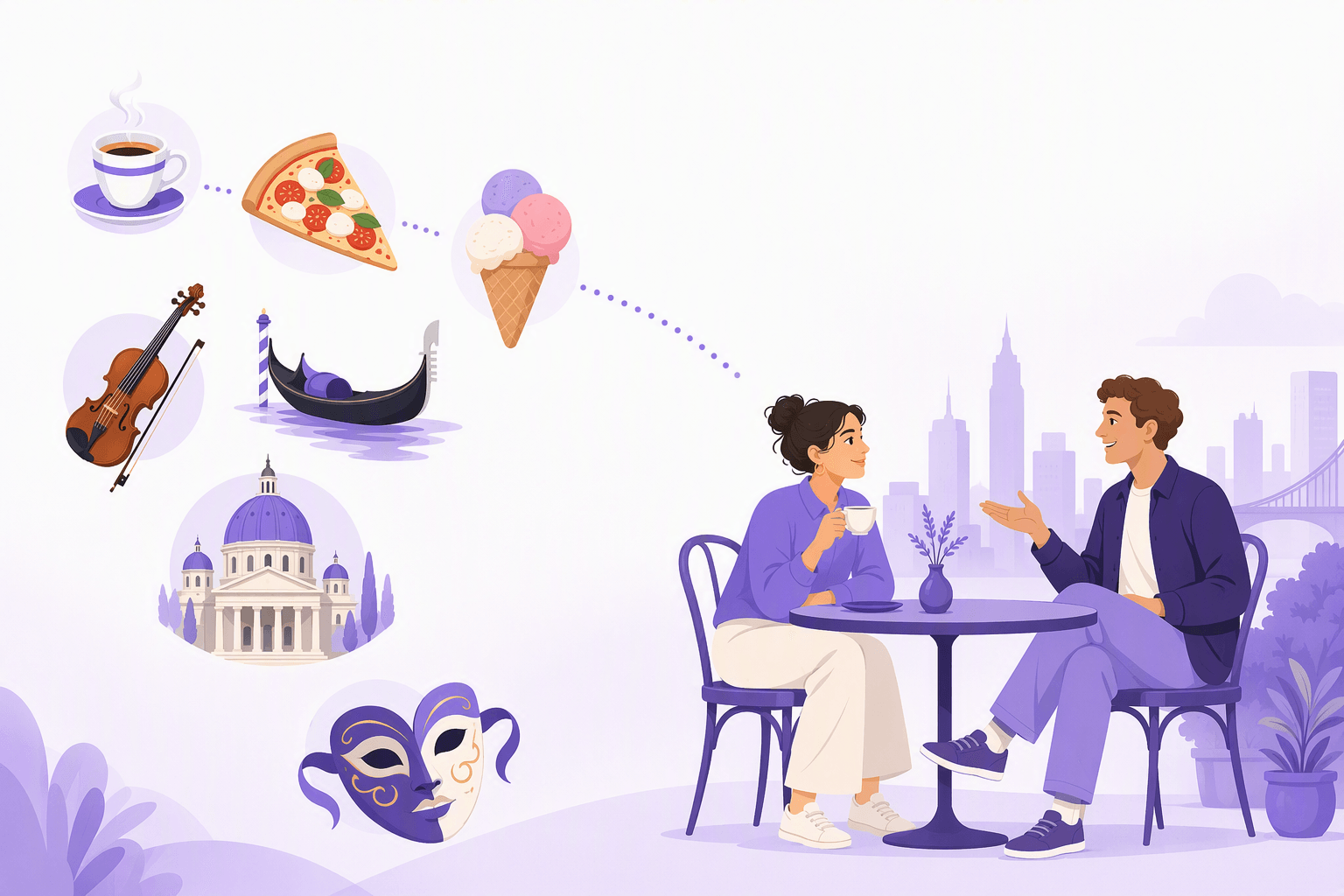 Italian coffee, food, music and architecture icons travelling across to two people chatting at a cafe table in an English-speaking city