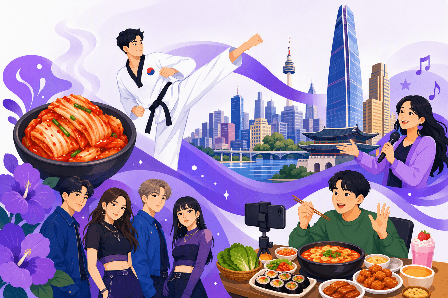 Flat-vector illustration showing Korean food, martial arts, business, online eating content, and pop-culture influence through kimchi, taekwondo, a Seoul office tower, mukbang, and a purple cultural wave.