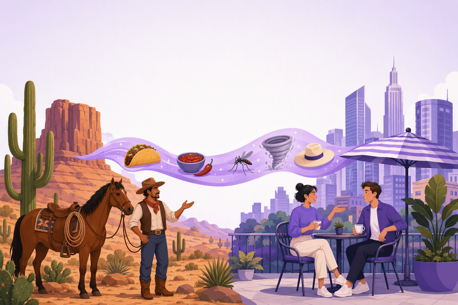 Illustration of Spanish-origin words travelling into English: a desert scene with a mesa, a cactus and a horse carrying a coiled rope on one side, a city cafe terrace with a striped umbrella on the other, and a ribbon between them carrying a taco, a bowl of salsa with a chili, a mosquito, a tornado and a wide-brimmed hat