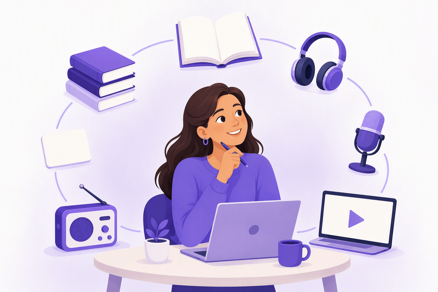 A language learner at a desk surrounded by free study tools: library books, headphones, a podcast microphone, a video player, a radio and flashcards