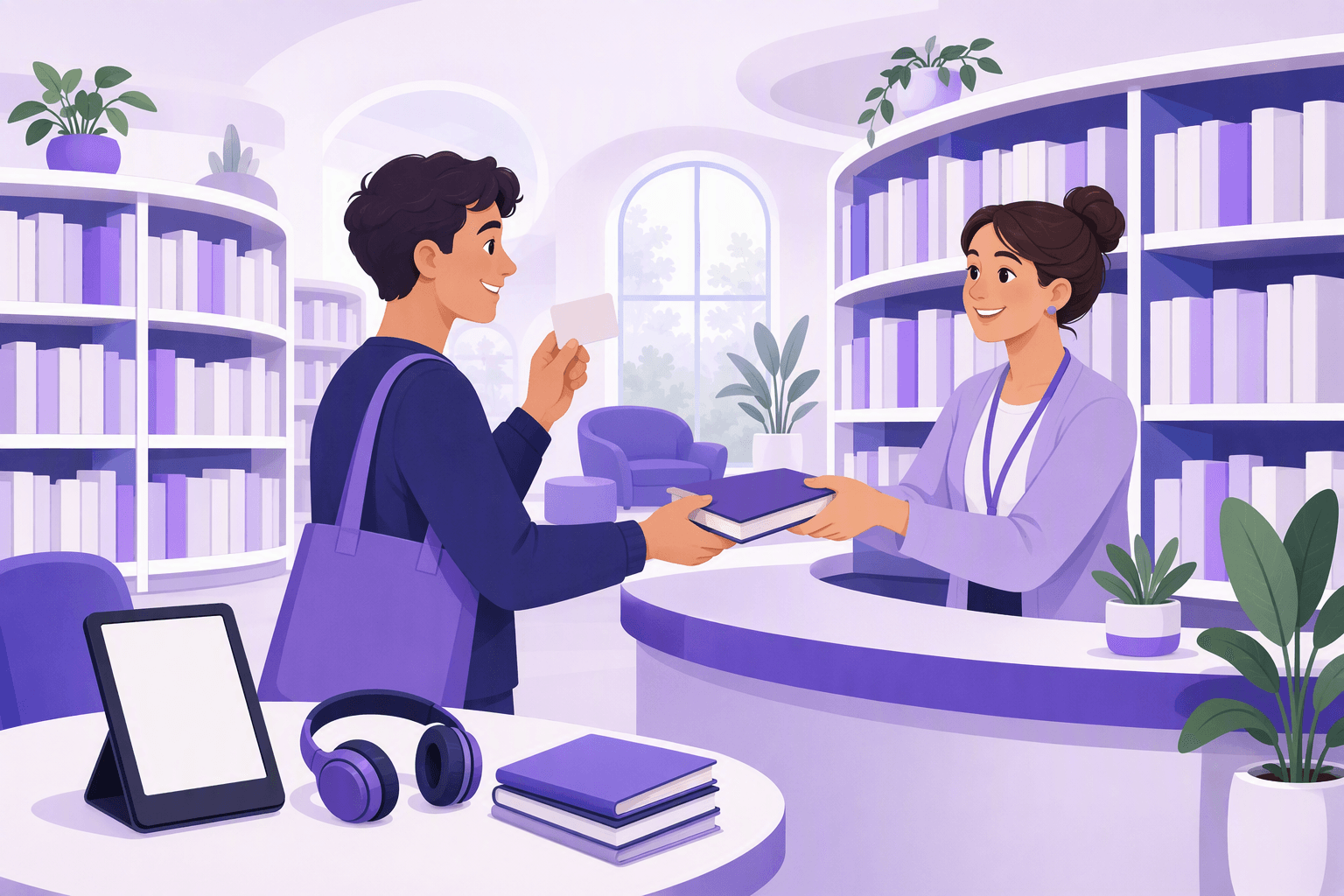 A librarian handing a book to a visitor holding a library card, with an e-reader, headphones and a stack of graded readers on a nearby table