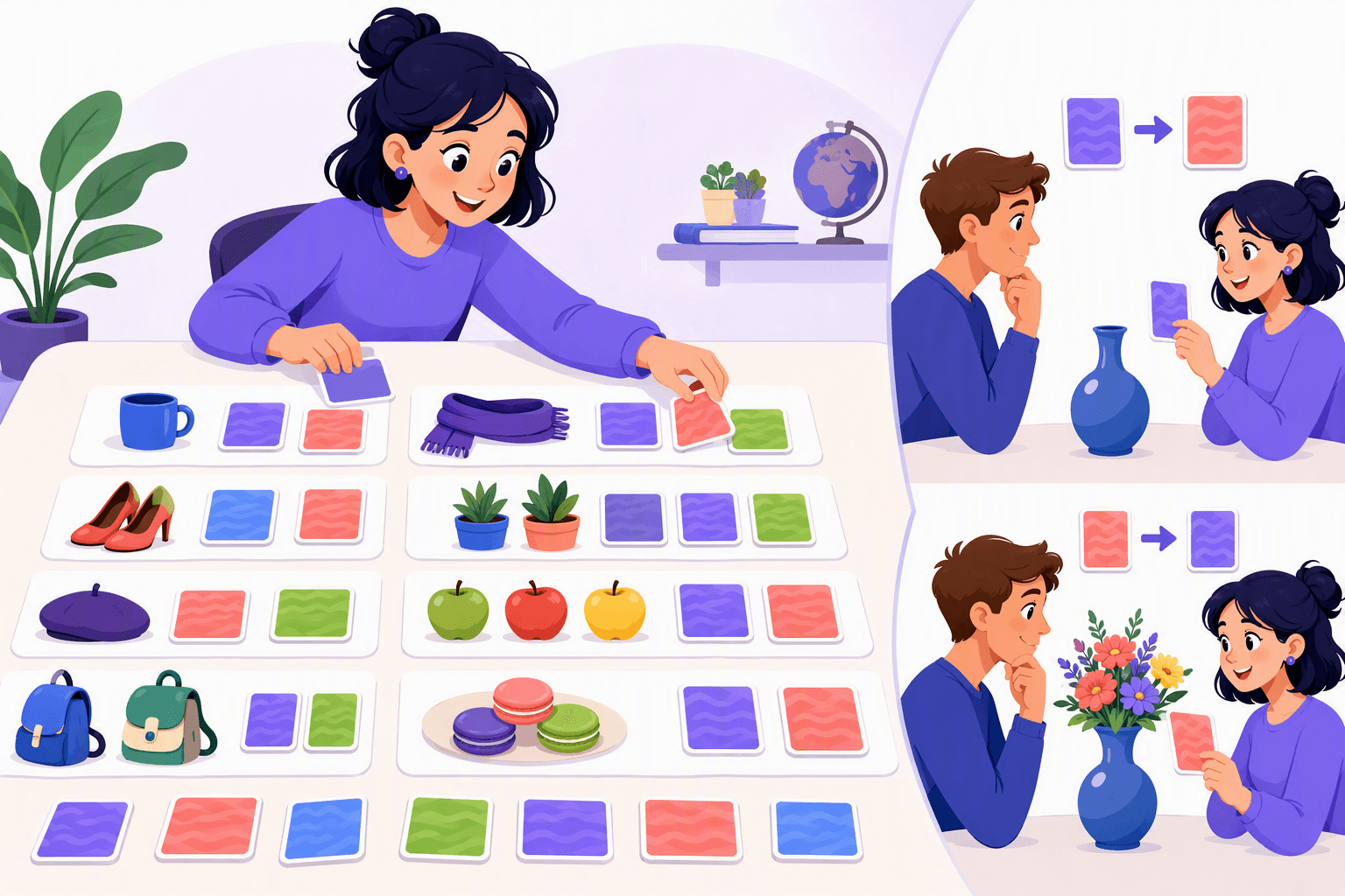 A learner arranges matching singular, plural, masculine, and feminine object groups with adjective tiles, showing that adjectives usually follow nouns while some come before them and placement can change meaning.