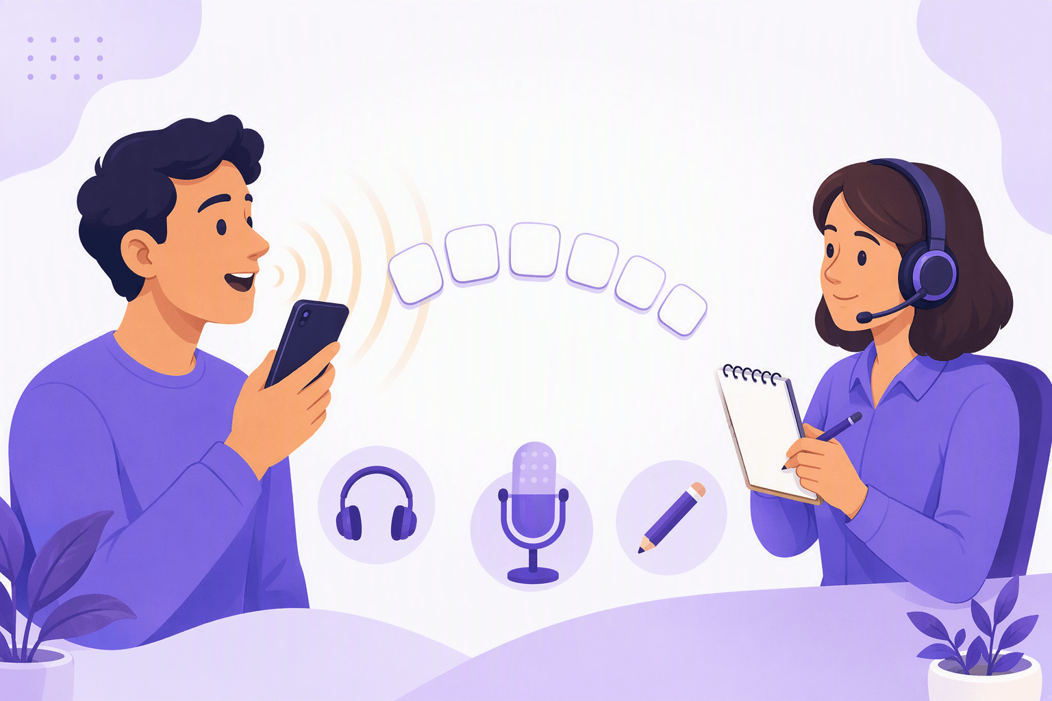 One person speaking clearly into a phone while sound waves carry a chain of blank tiles across to a listener with a headset who writes the details down on a notepad