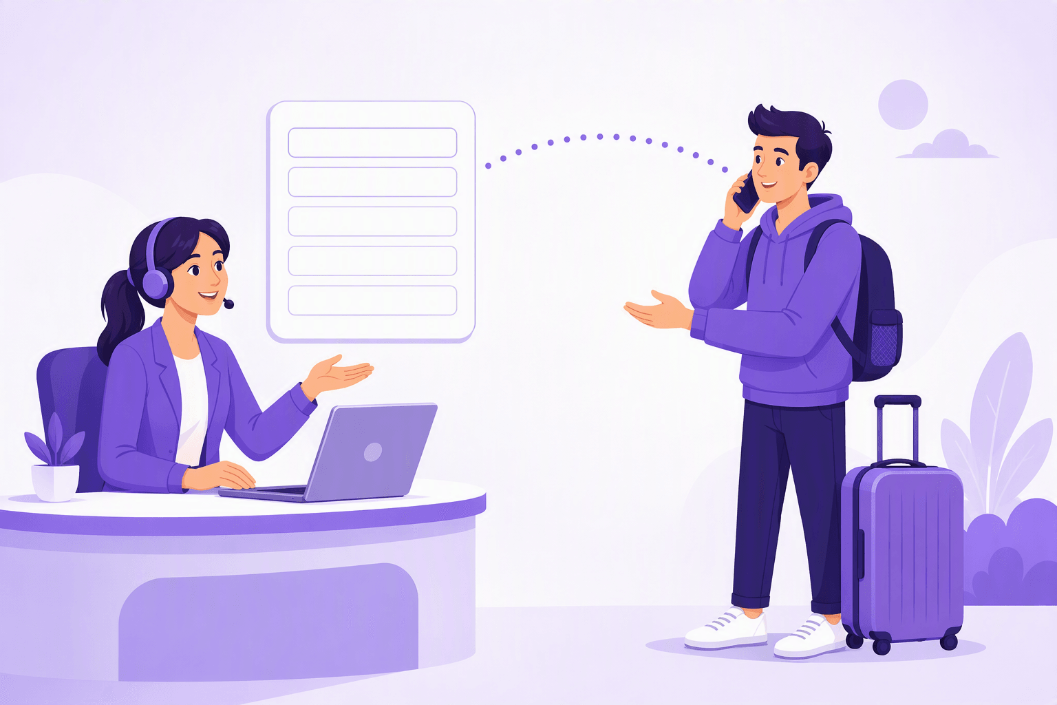 A traveller on the phone gives their details to a headset-wearing agent at a desk, with a dotted call line between them and a blank form card waiting to be filled in