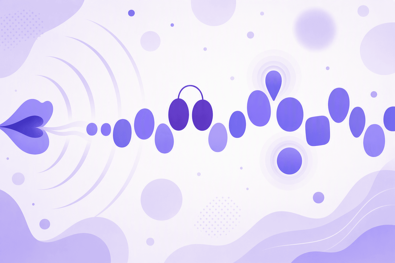 Abstract sound metaphor: a rounded lip icon sends sound waves that rise and fall as a wave of plain rounded beads, with one neighbouring pair linked by an arc and two beads wrapped in a soft glow