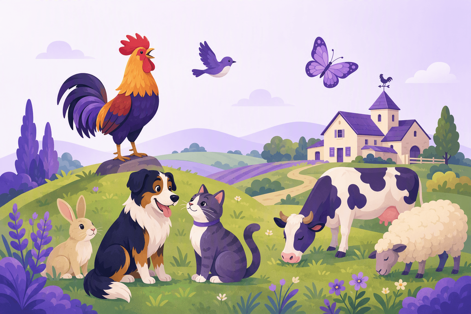 Illustrated French countryside scene with a rooster, dog, cat, rabbit, bird, butterfly, cow and sheep in front of a farmhouse
