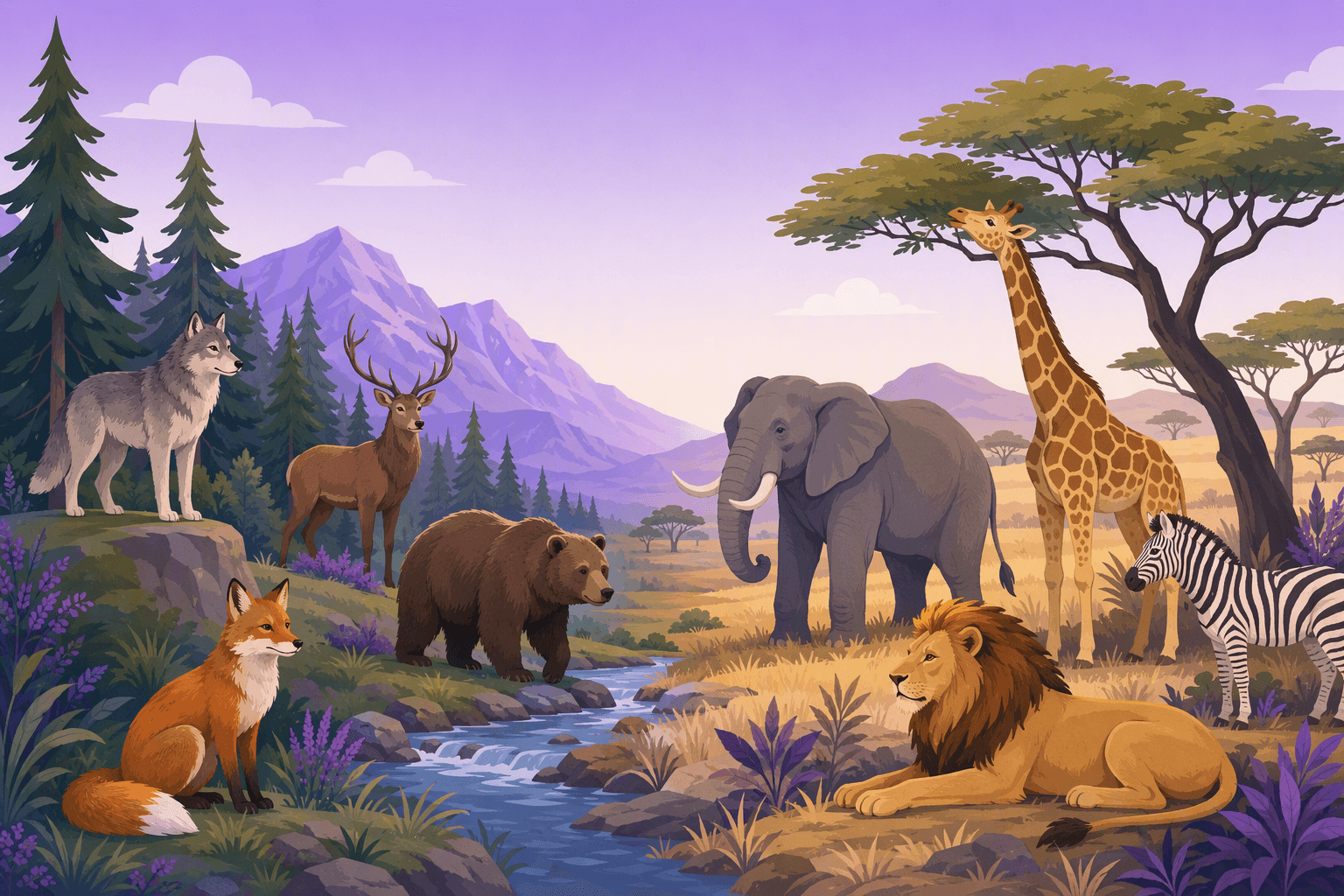 Illustration contrasting a European forest with a wolf, stag, bear and fox against an African savanna with an elephant, giraffe, lion and zebra