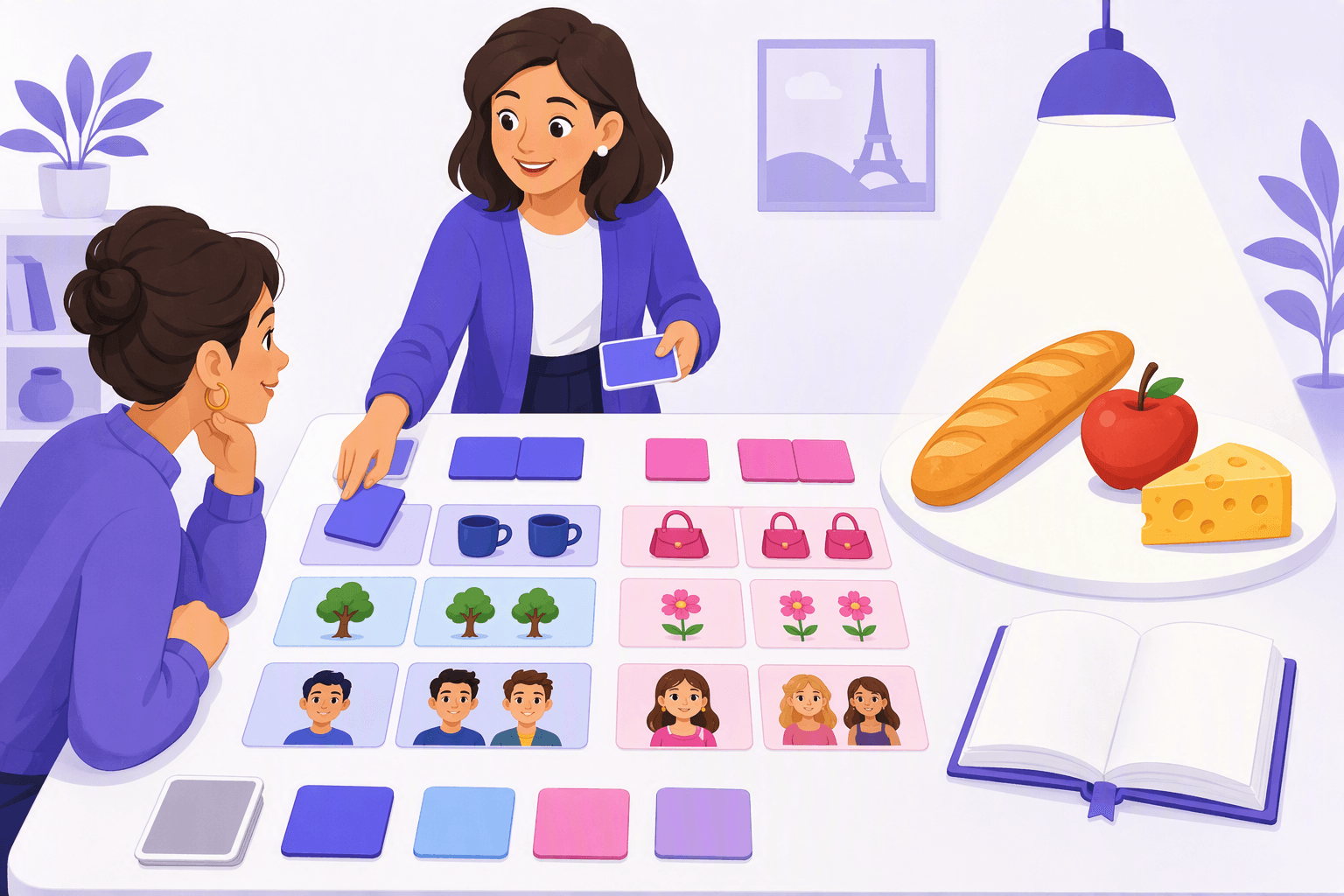 Flat-vector illustration of a language teacher using blank color-coded tiles and a grammar book to organize spotlighted and unspecific singular and plural food objects, with visual cues for masculine, feminine, and combined French articles.