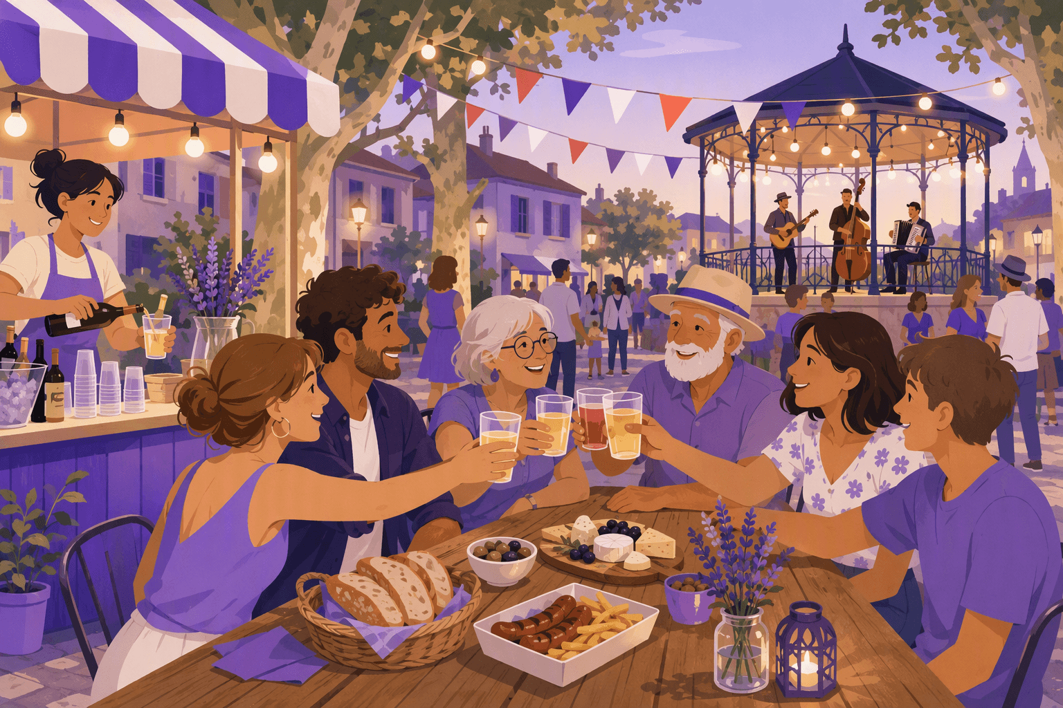 Village square on 14 July: a drinks stand under a striped awning, friends toasting around a wooden table with trays of sausage and fries, bread and cheese, under tricolour bunting and string lights