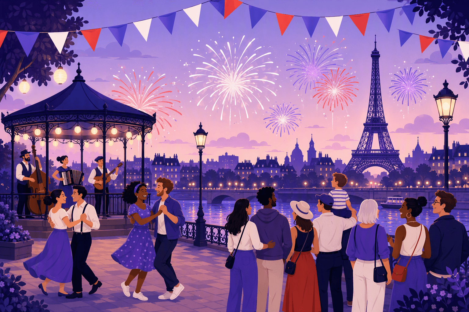 Fireworks over a Paris riverside on 14 July, with tricolour bunting, a crowd watching from the promenade and couples dancing beside an open-air bandstand