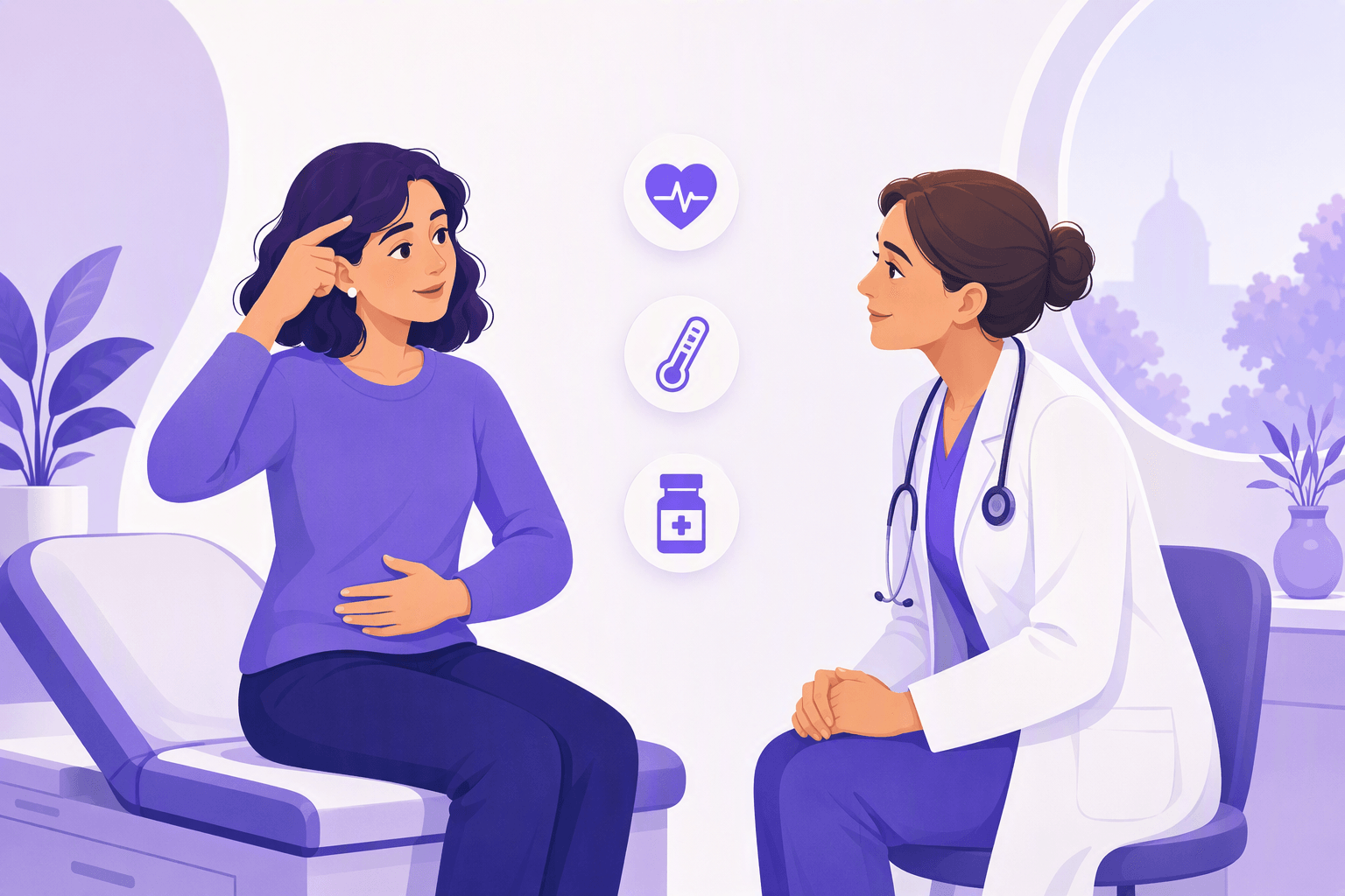 Patient at a French doctor's office pointing at her head and holding her stomach while the doctor listens