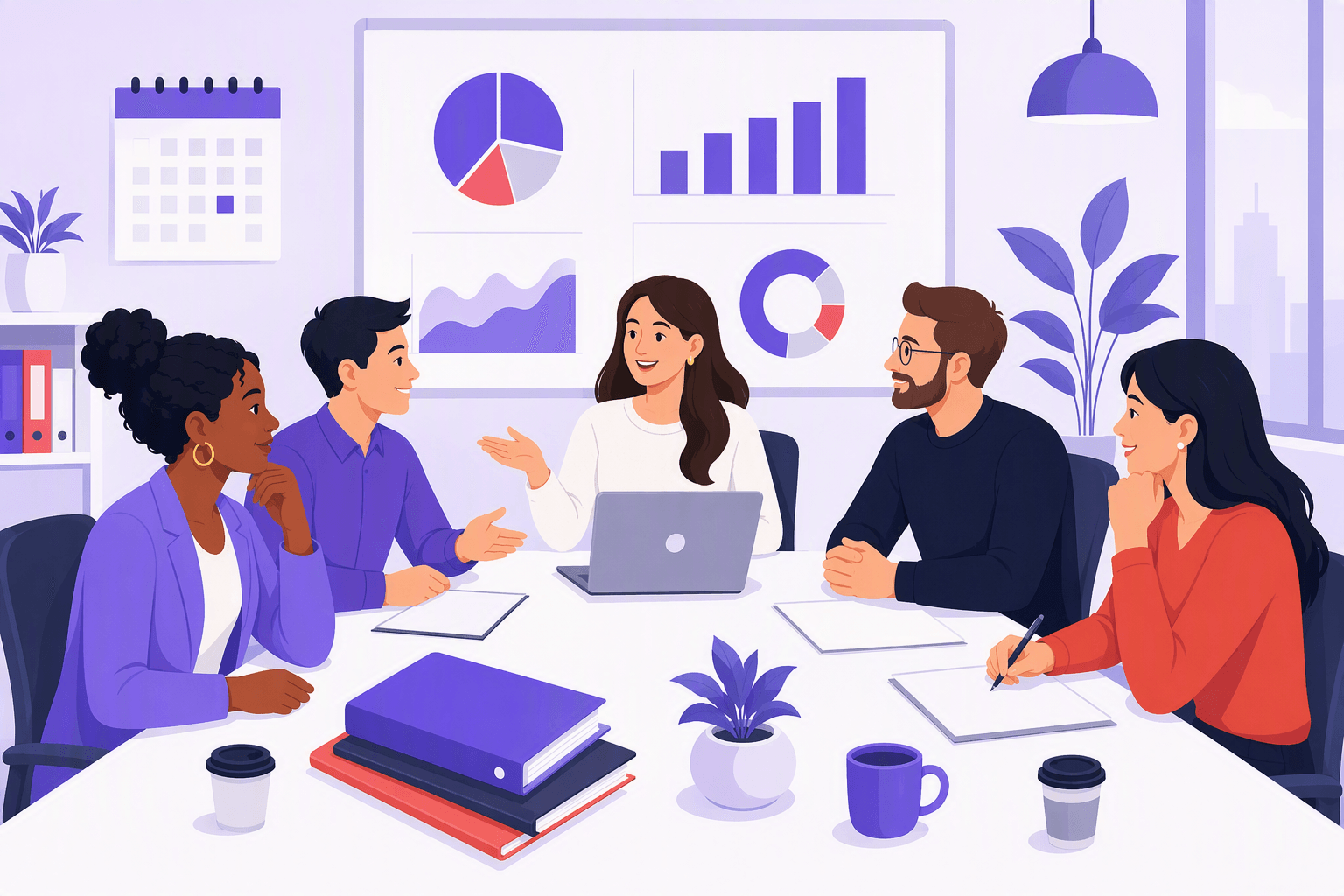 A diverse business team meets around a conference table with a laptop, blank paperwork, folders, a calendar, unlabeled charts, and coffee cups in a modern office.