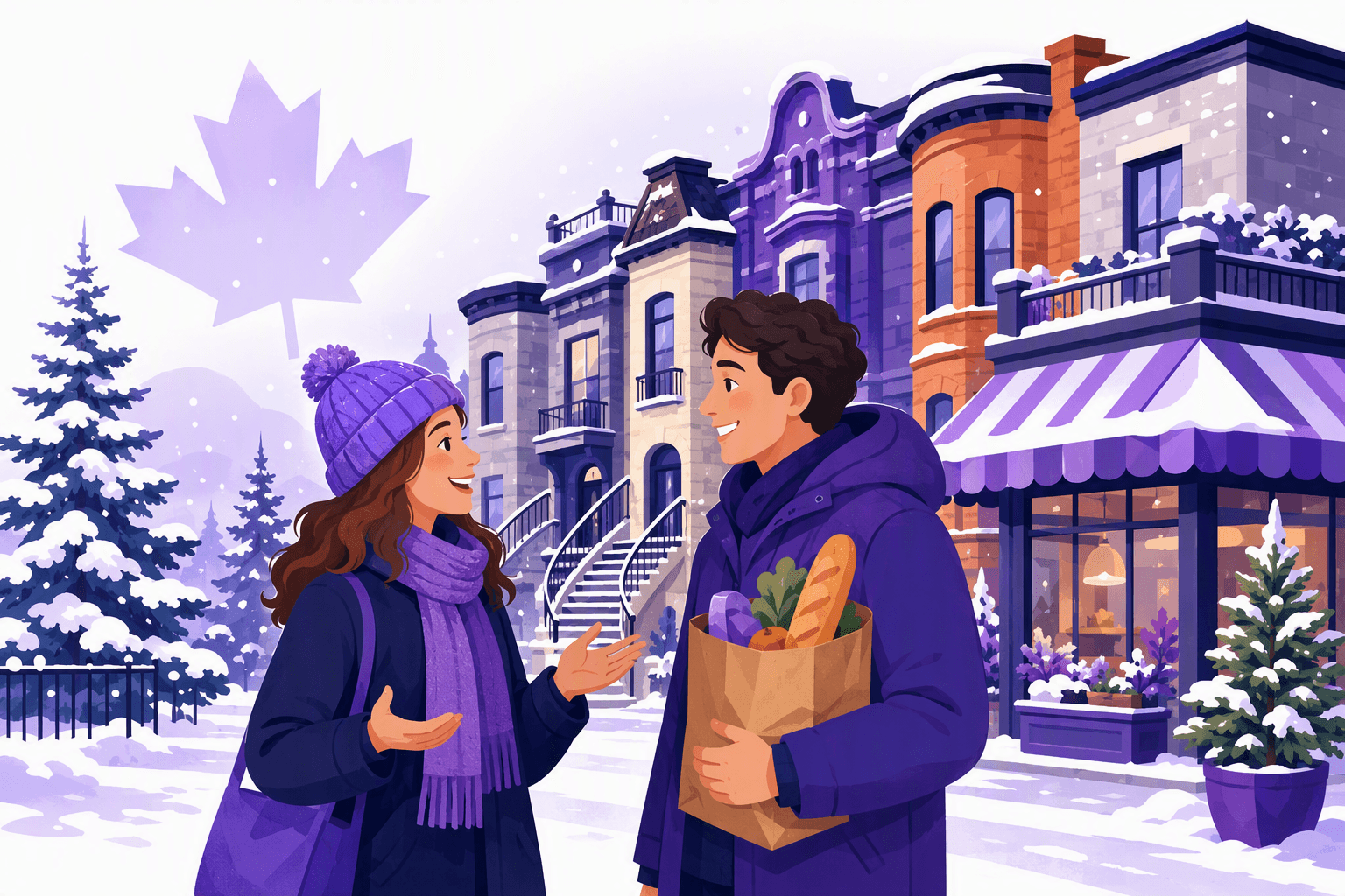 Two people chatting on a snowy Quebec street with Montreal row houses, a corner store and a maple leaf motif behind them