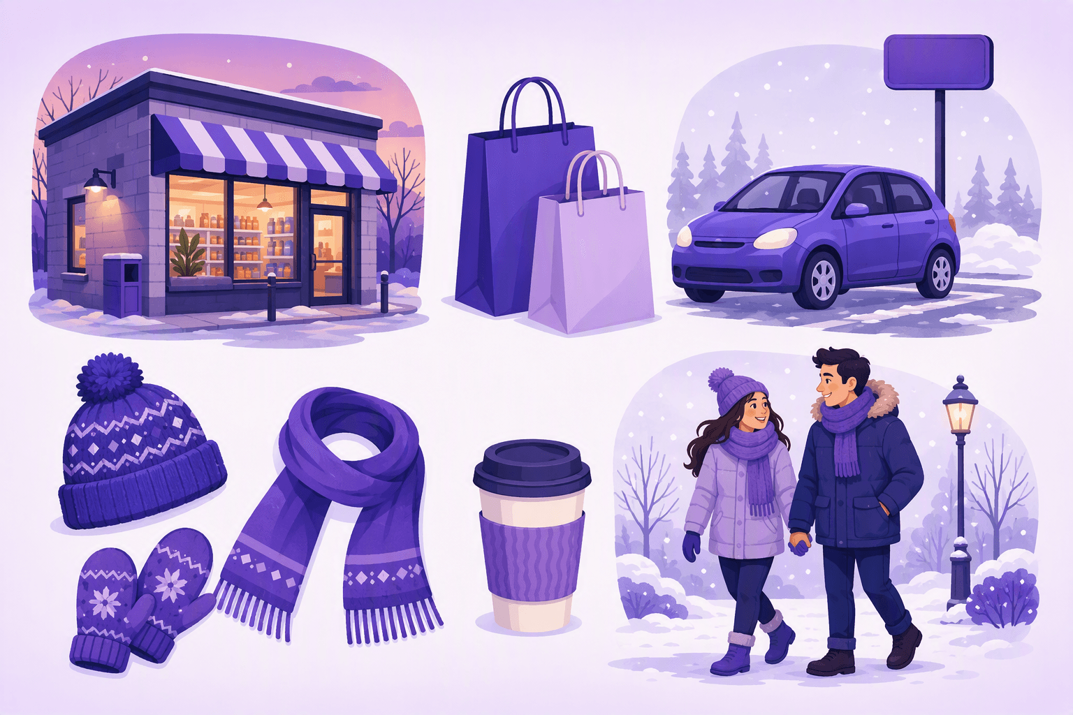 Everyday Quebec objects: a lit corner convenience store in the snow, shopping bags, a parked car, a knitted hat with mittens and scarf, a coffee cup and a couple walking in winter