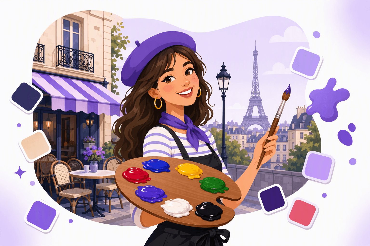 Illustrated French color scene: a young woman in a beret holds a painter's palette loaded with red, blue, yellow, green, white and black paint in front of a Parisian street