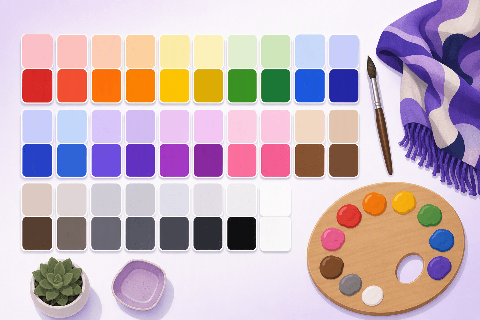 Flat lay of a color swatch grid where each hue appears as a light tint above a darker shade, next to a paintbrush, a scarf and a wooden painter's palette