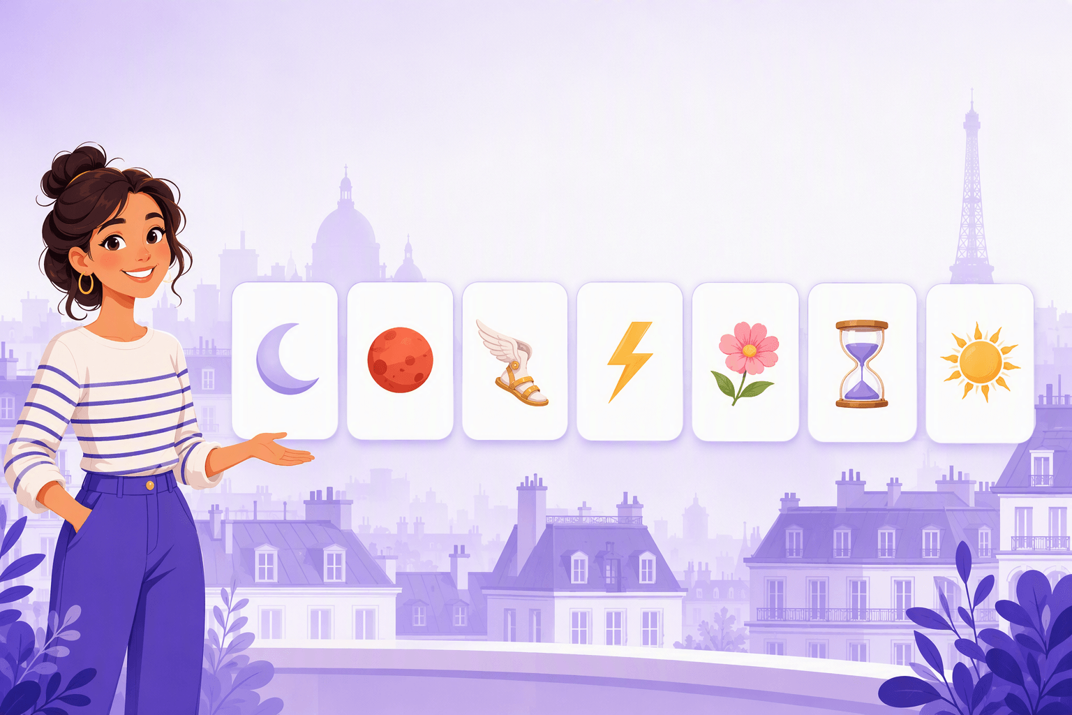 Seven cards in a row, each showing the Roman planetary symbol behind a French weekday: moon, Mars, Mercury's winged sandal, Jupiter's thunderbolt, Venus's flower, the Sabbath hourglass and the Sunday sun