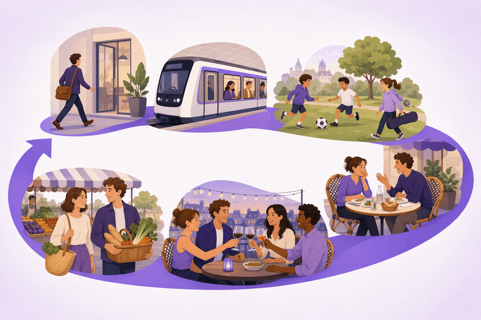 A looping purple ribbon carrying a French week: commuting to the office, riding the metro, children in a park on a free Wednesday afternoon, a long bistro lunch, drinks on a terrace and a Sunday market stroll