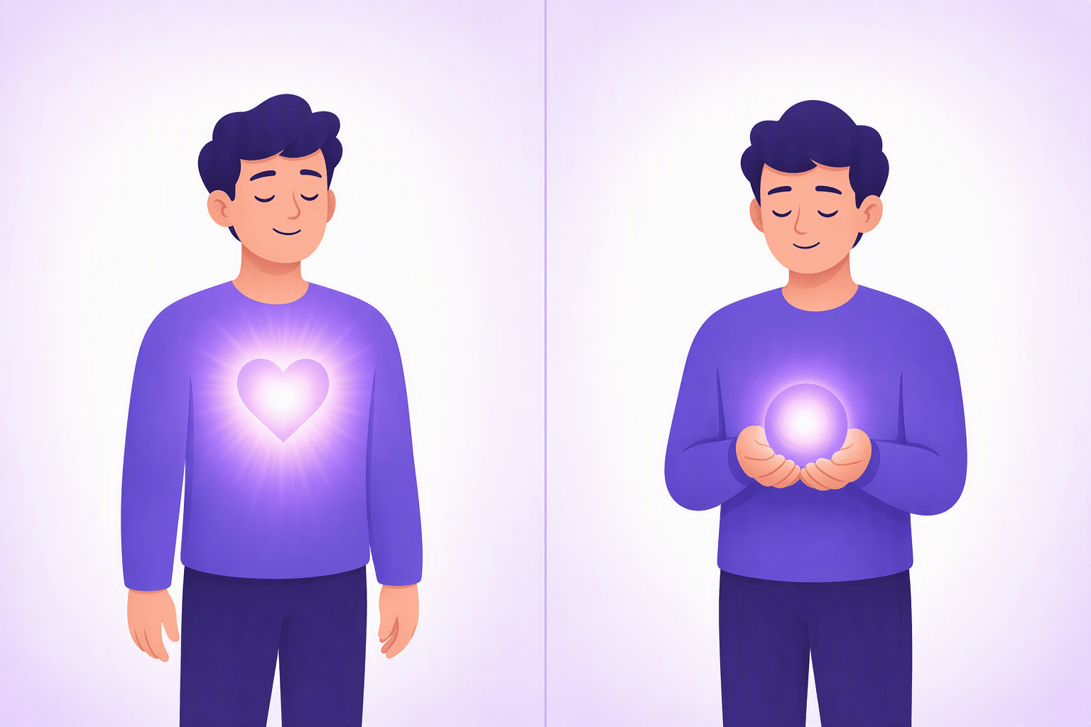 Illustration contrasting a feeling glowing inside a person's chest with the same person holding a glowing orb cupped in their hands