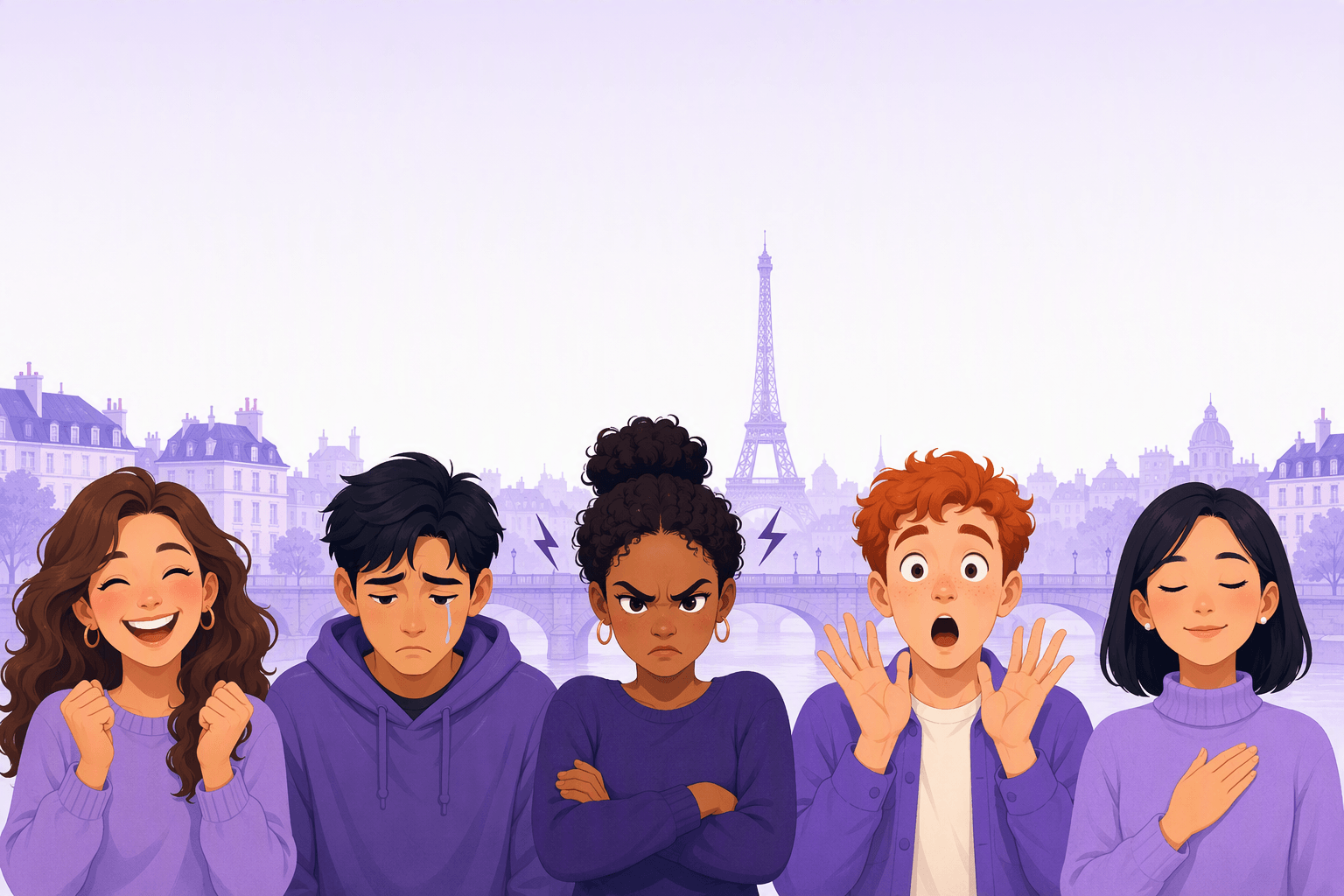 Five illustrated people expressing happiness, sadness, anger, surprise and calm through their faces and gestures, with the Paris skyline and the Eiffel Tower behind