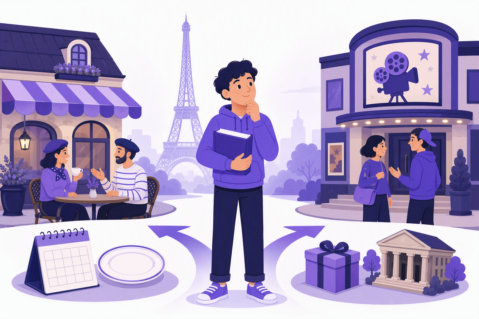 An English-speaking learner uses a dictionary while diverging paths connect French cultural settings with everyday objects that represent misleading word meanings.