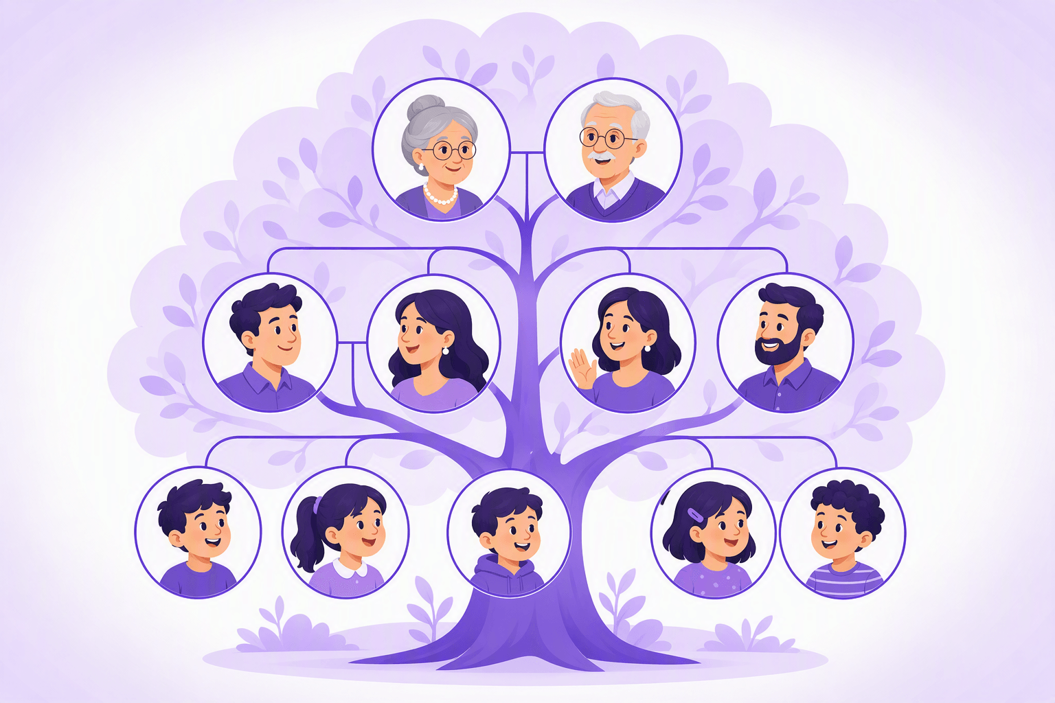 Family tree diagram with grandparents on the top branch, parents, aunt and uncle in the middle, and children and cousins below