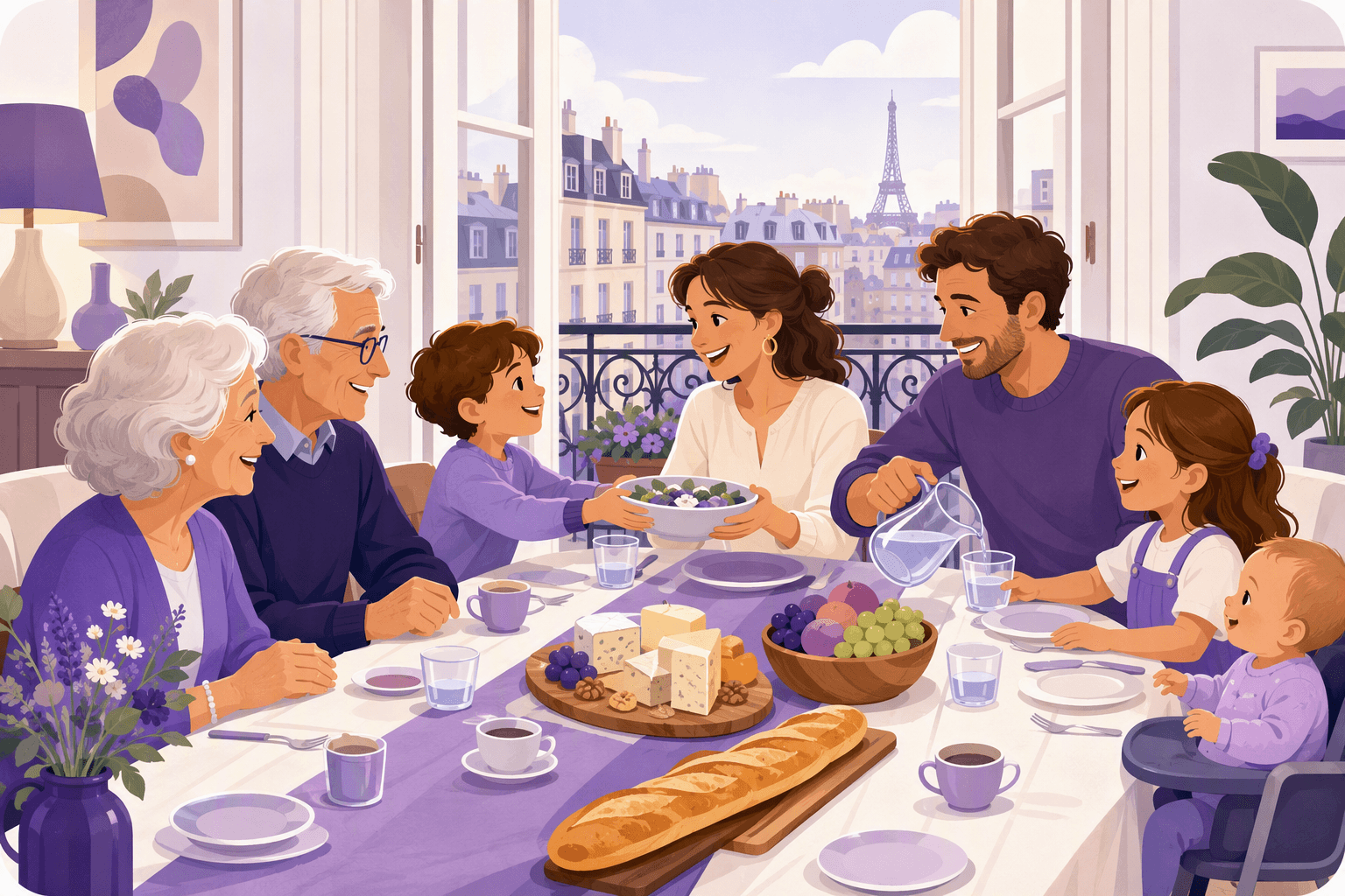 Three generations of a French family sharing a meal around a table in a Parisian apartment