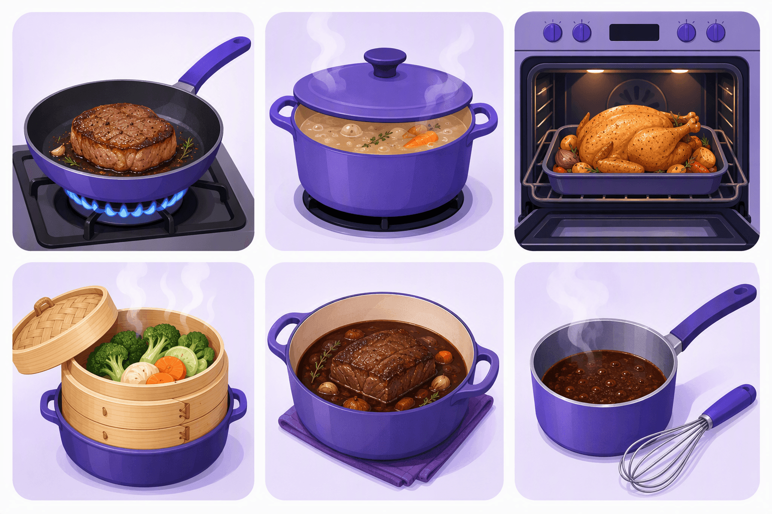Six cooking methods shown side by side: a steak browning in a frying pan over a gas flame, a covered pot of stock simmering with vegetables, a whole bird roasting on a rack inside an oven, broccoli and carrots in a bamboo steamer basket, a piece of beef braising in dark sauce in a casserole, and a saucepan of sauce reducing next to a whisk
