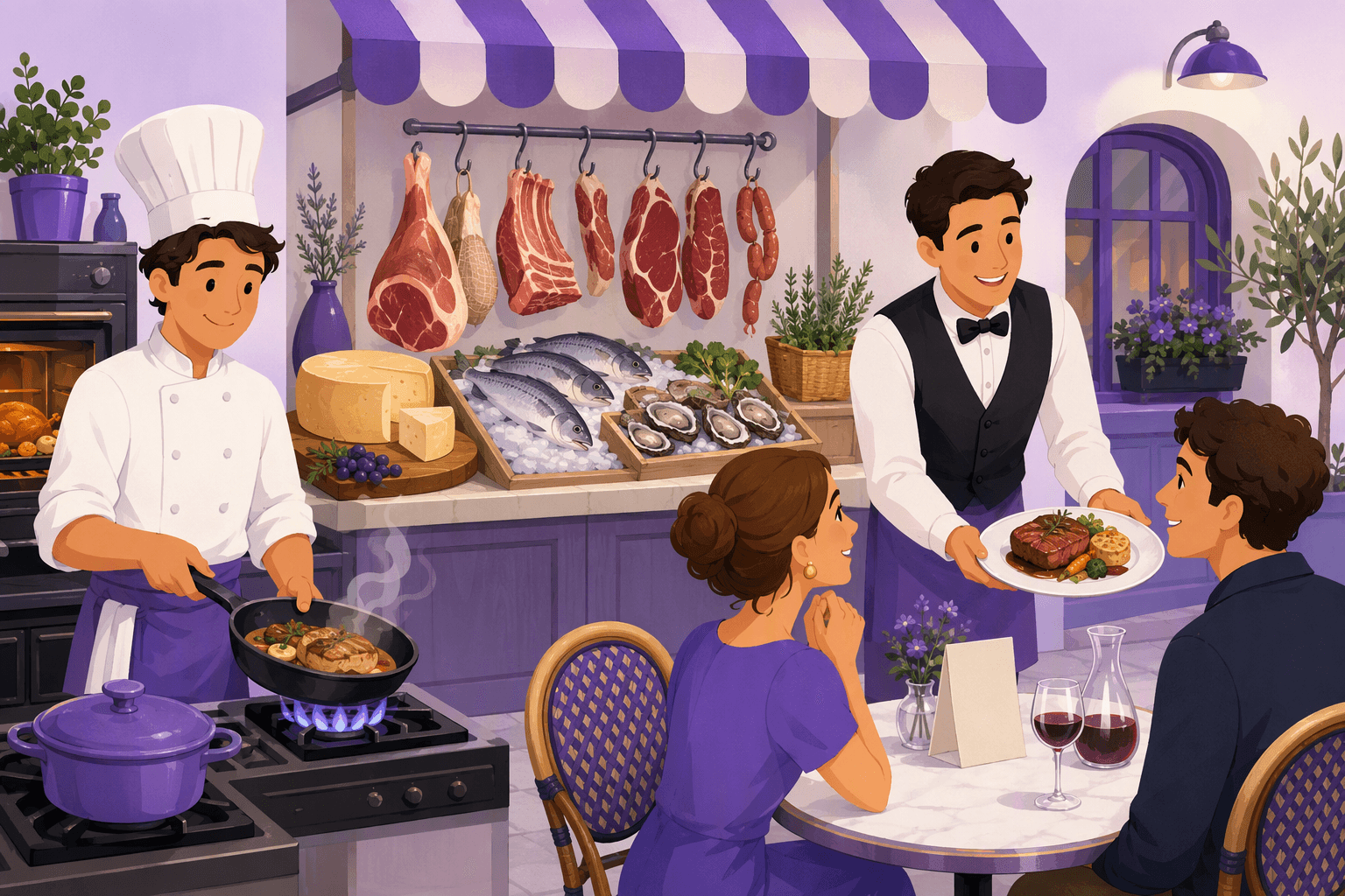 A chef pan-frying a steak beside a covered simmering pot and an oven with a roast inside, a market counter behind him holding butcher cuts on hooks, a wheel of cheese, whole fish on ice and a tray of oysters, and a waiter presenting a plated main course to a couple at a bistro table