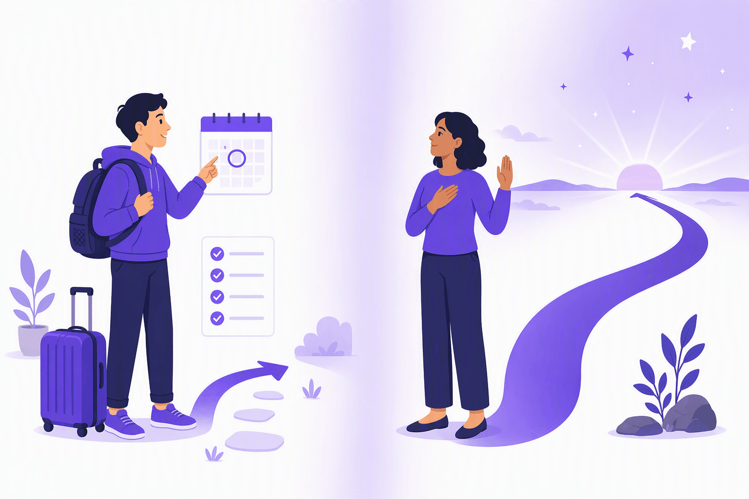 A planned near future shown as a person with a backpack pointing at a circled day on a calendar next to a packed suitcase, beside a promise shown as a person with a hand over the heart and a long road curving toward a sunrise