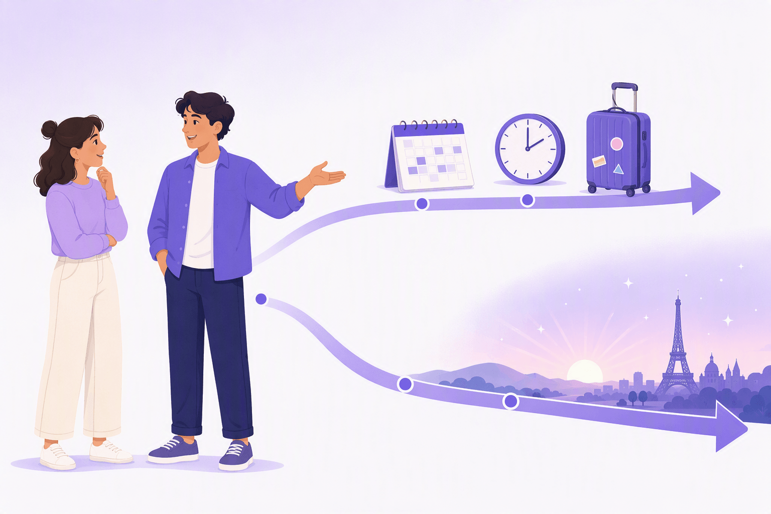 Two people talking about the future in French, with a near-future path marked by a calendar, a clock and a packed suitcase, and a longer path leading toward a Paris skyline at sunrise