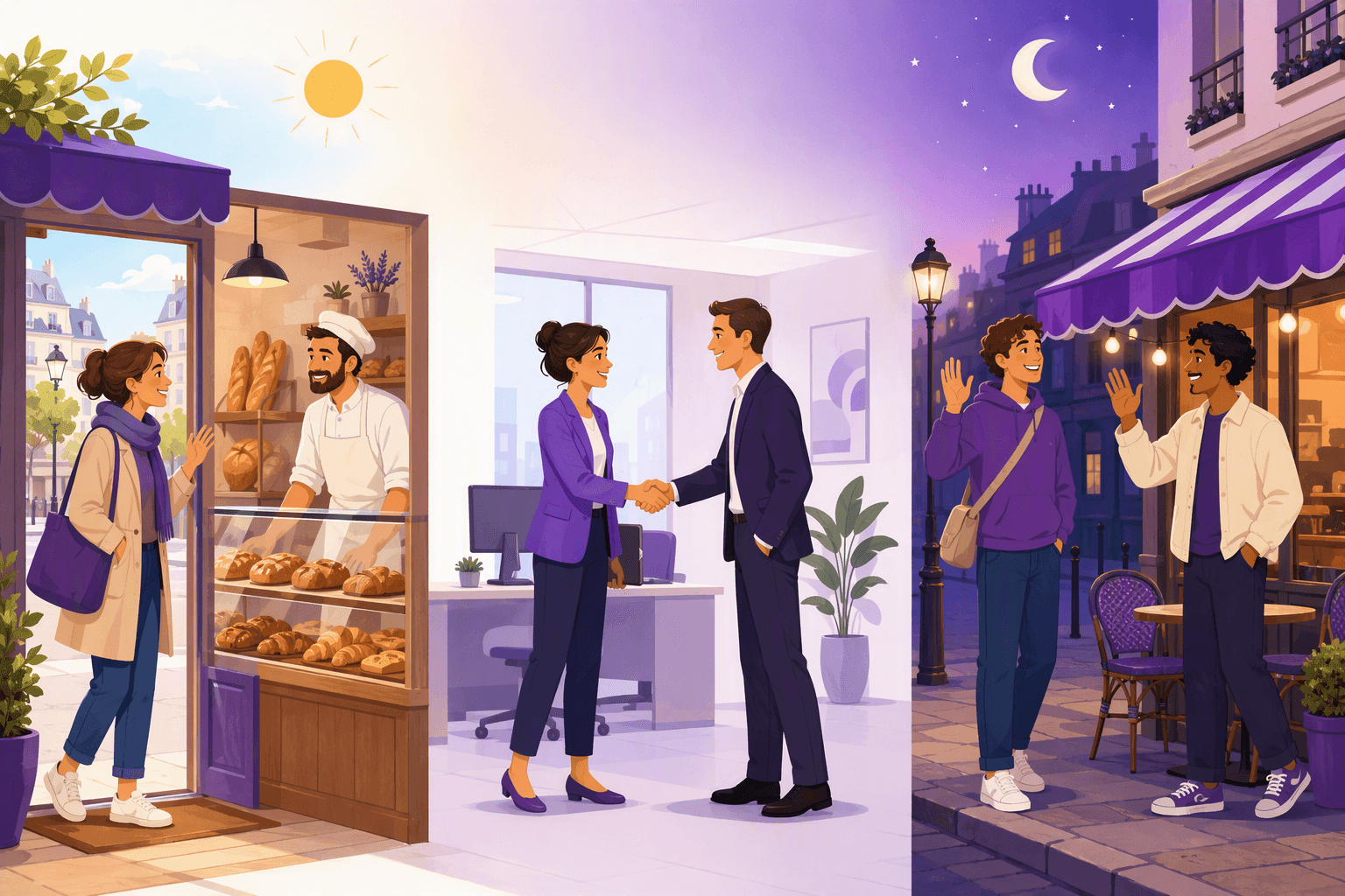 French greetings across formality levels: a customer greeting a baker in a daytime Paris bakery, two colleagues shaking hands in an office, and two friends waving outside an evening cafe