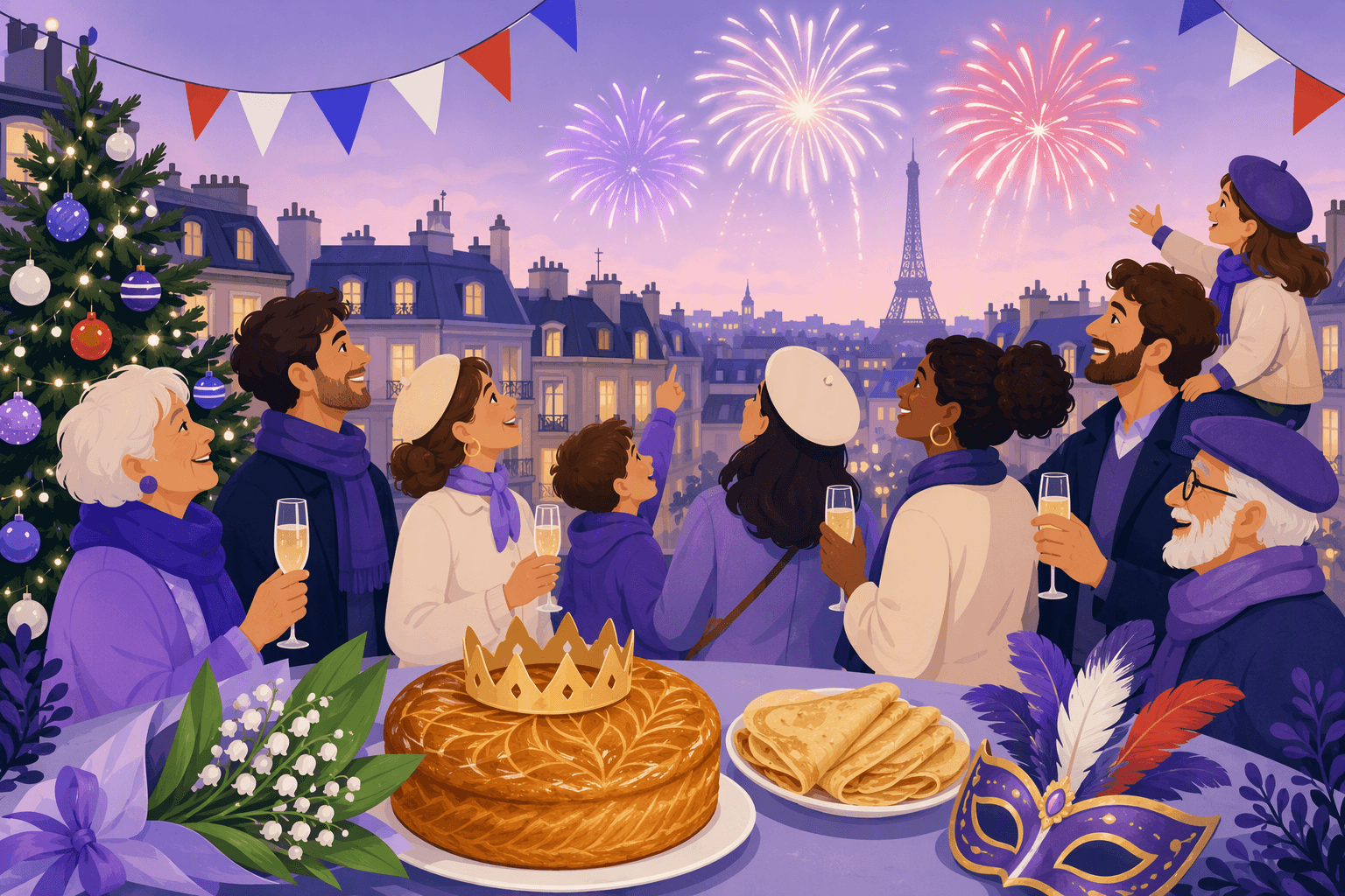 Parisian rooftop celebration with fireworks over the city, blue white and red bunting, a decorated holiday tree, a galette with a paper crown, a plate of crepes, lily of the valley and a carnival mask, illustrating the French holiday year